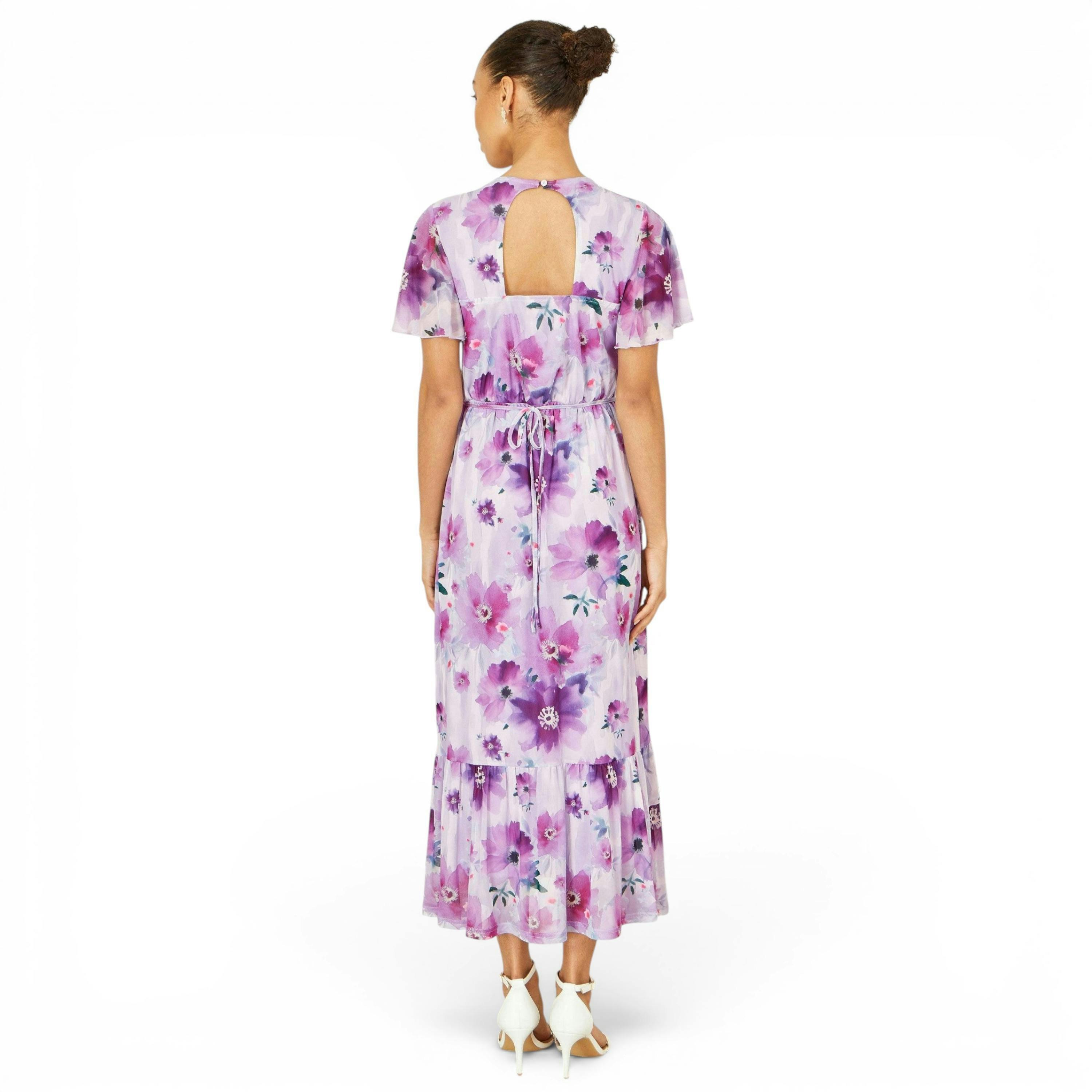Yumi Lavender Floral Print Frill Midi Dress , view 4 of 6