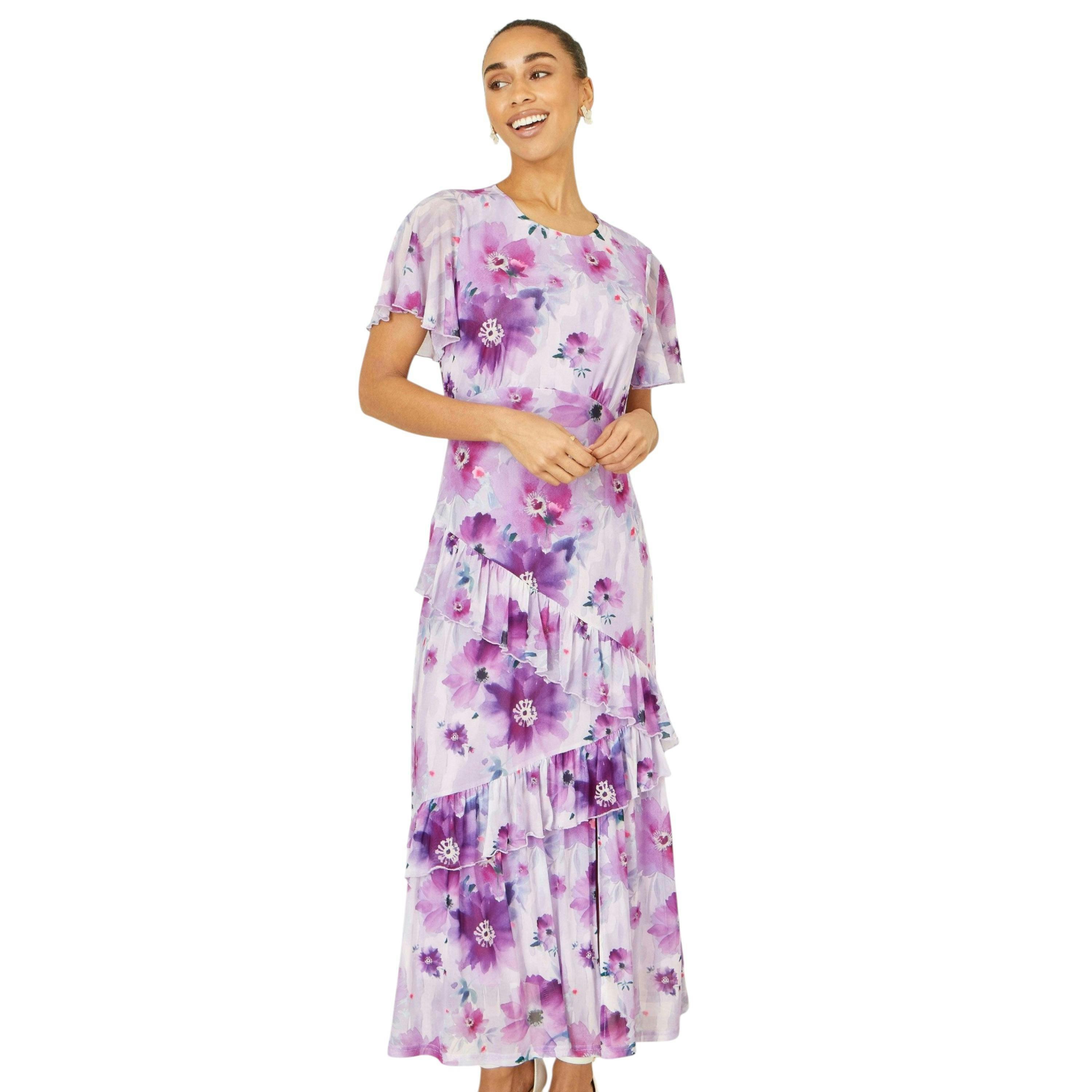 Yumi Lavender Floral Print Frill Midi Dress , view 5 of 6