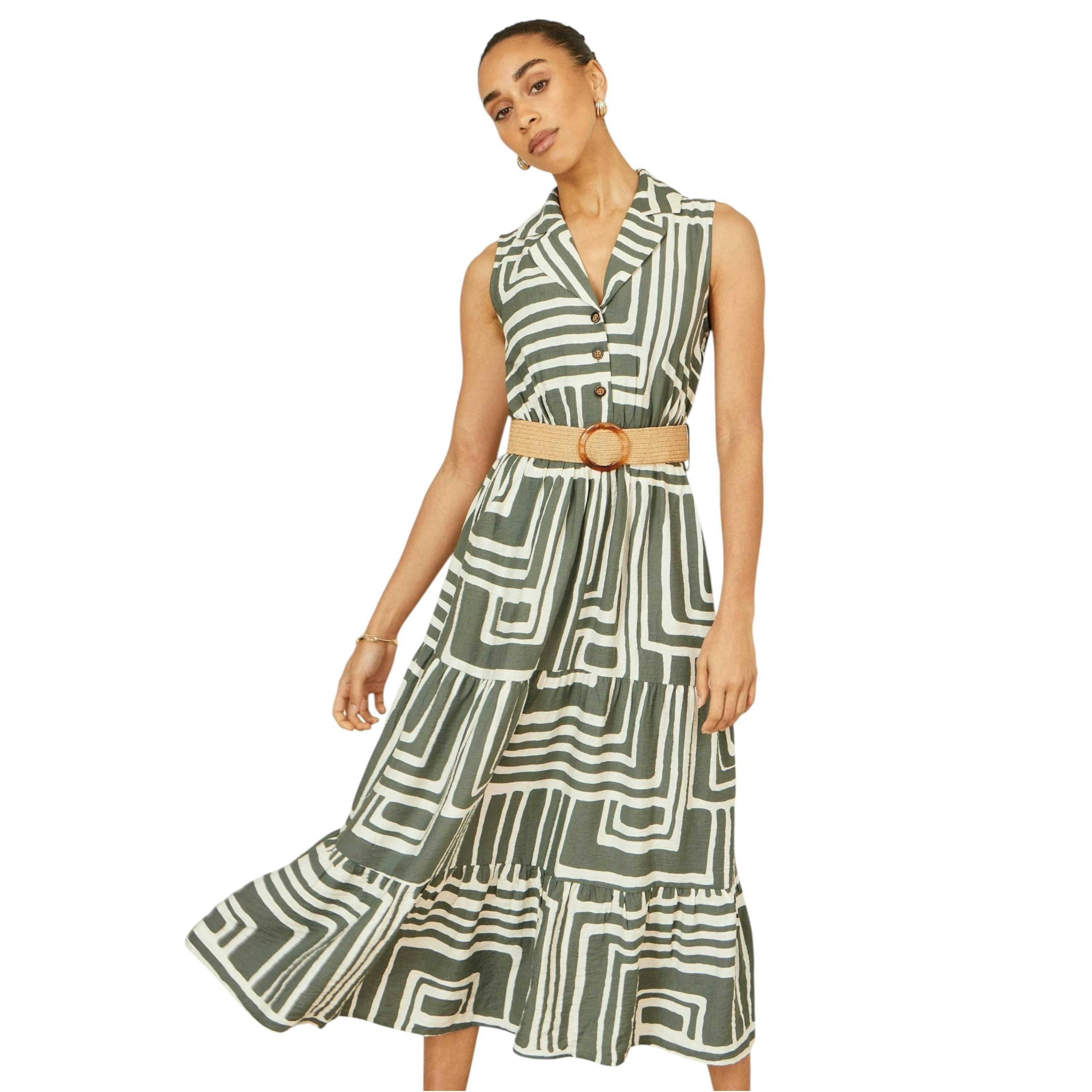 Yumi Green Viscose Geo Print Midi Shirt Dress With Matching Belt , view 1 of 6