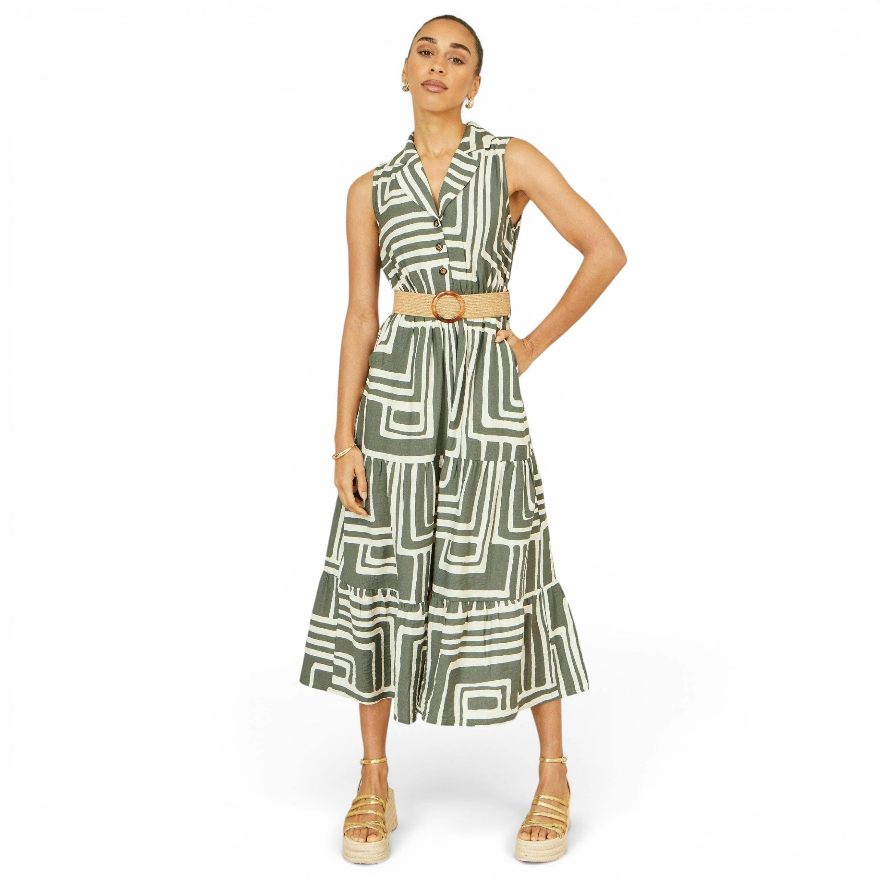 Yumi Green Viscose Geo Print Midi Shirt Dress With Matching Belt , view 3 of 6