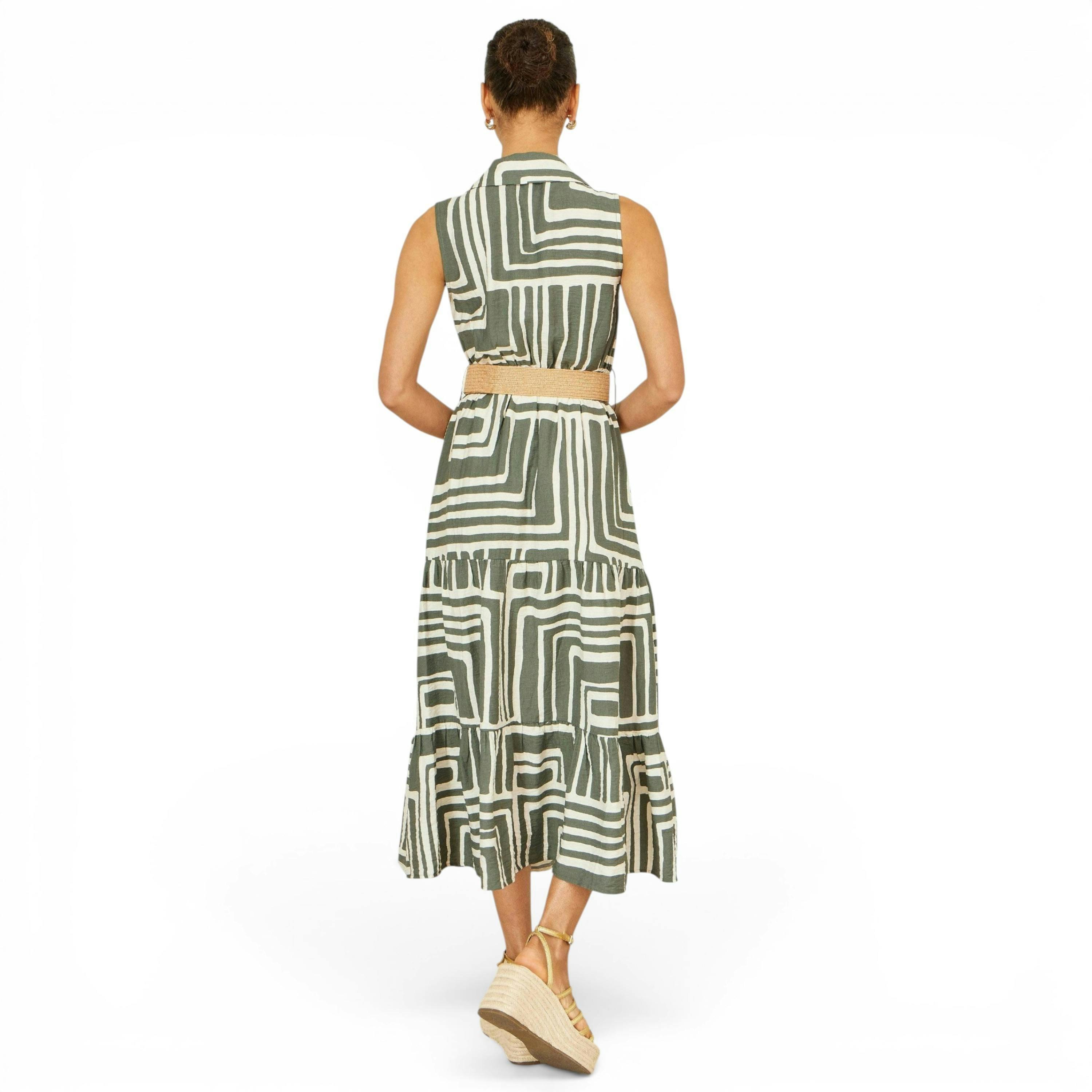 Yumi Green Viscose Geo Print Midi Shirt Dress With Matching Belt , view 4 of 6