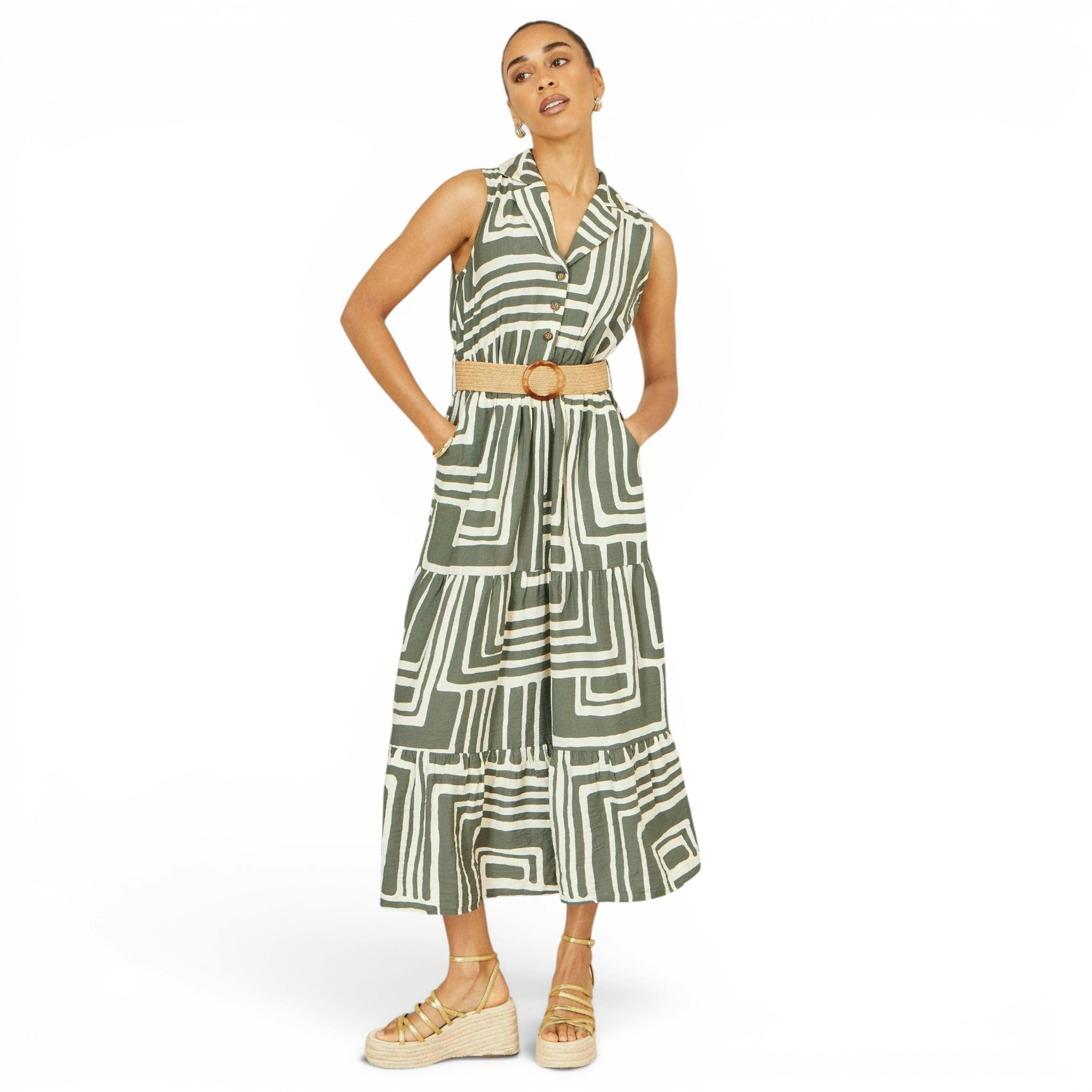 Yumi Green Viscose Geo Print Midi Shirt Dress With Matching Belt , view 5 of 6