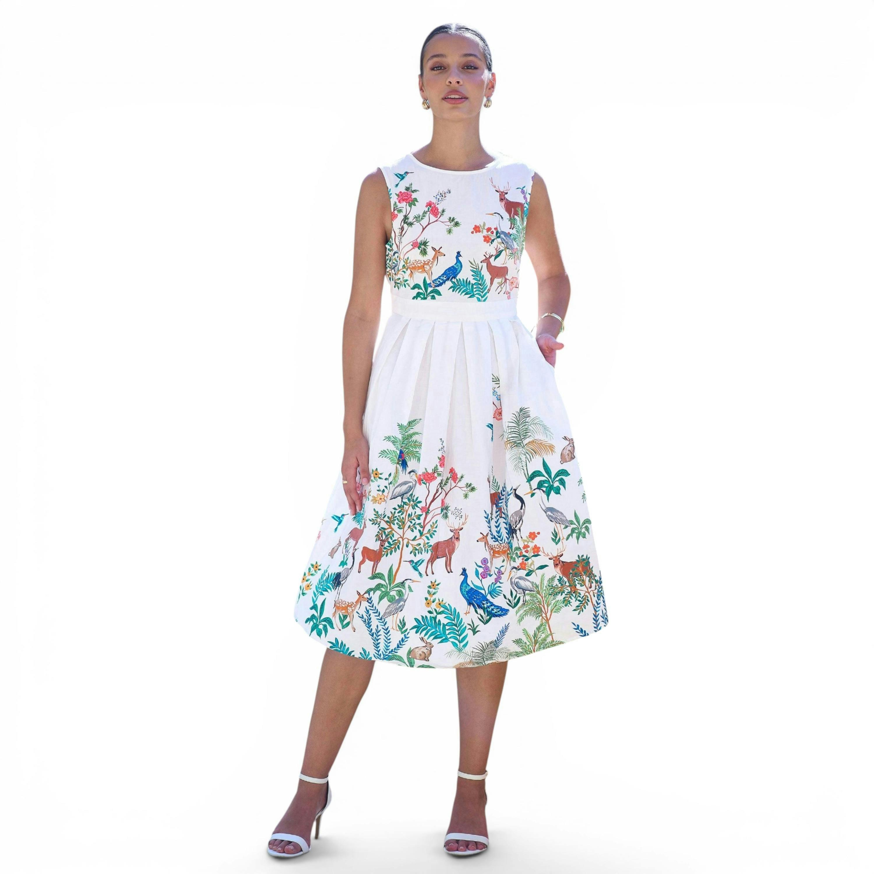Yumi White Woodland Animal Print Cotton Midi Skater Dress , view 1 of 6