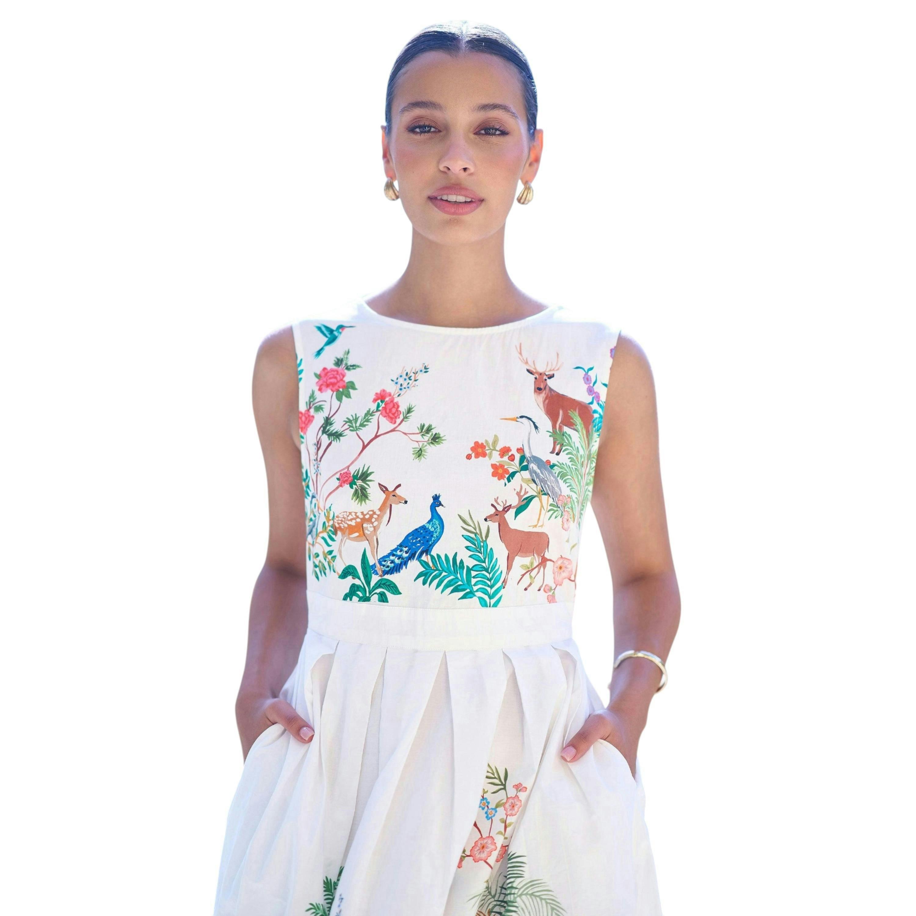 Yumi White Woodland Animal Print Cotton Midi Skater Dress , view 2 of 6
