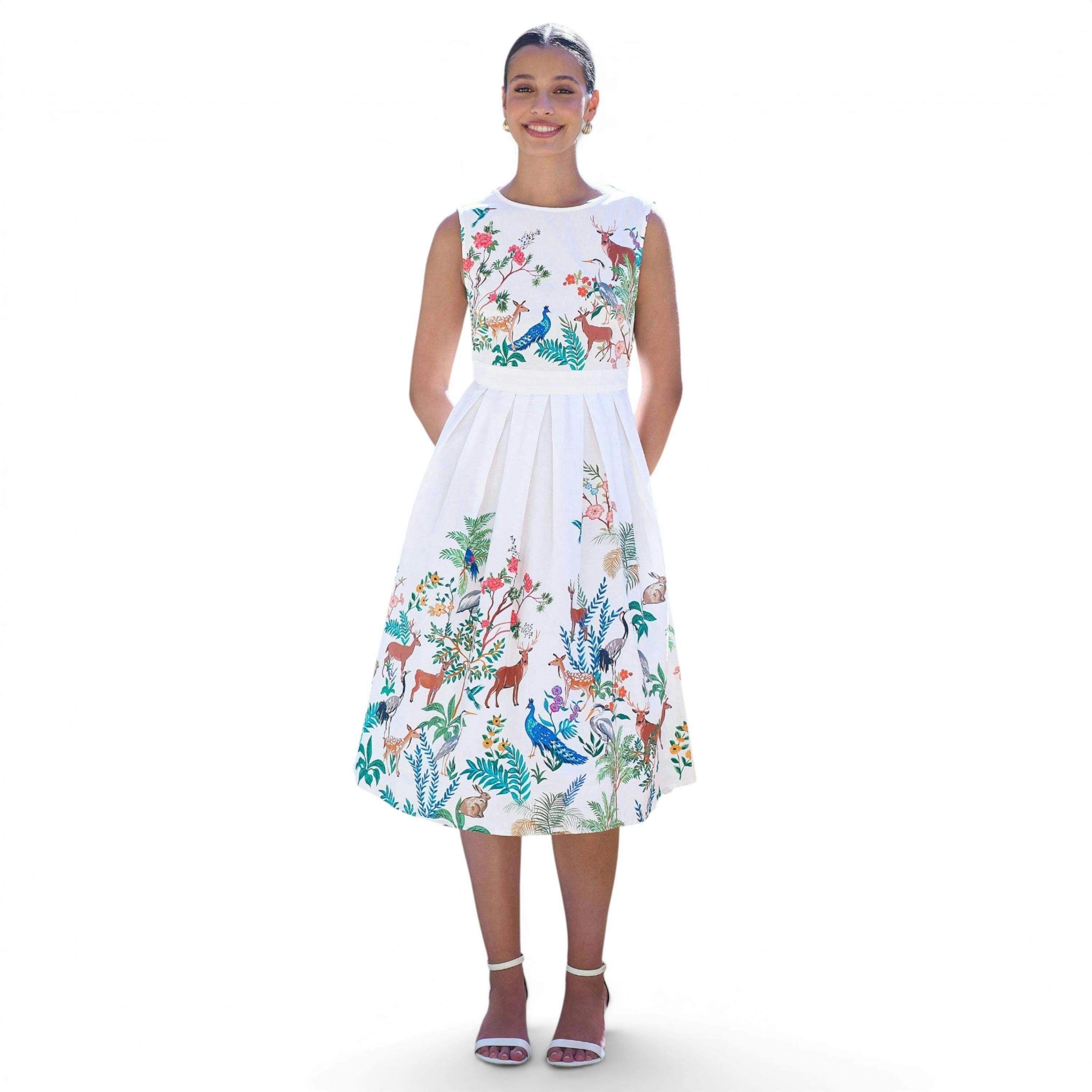 Yumi White Woodland Animal Print Cotton Midi Skater Dress , view 3 of 6