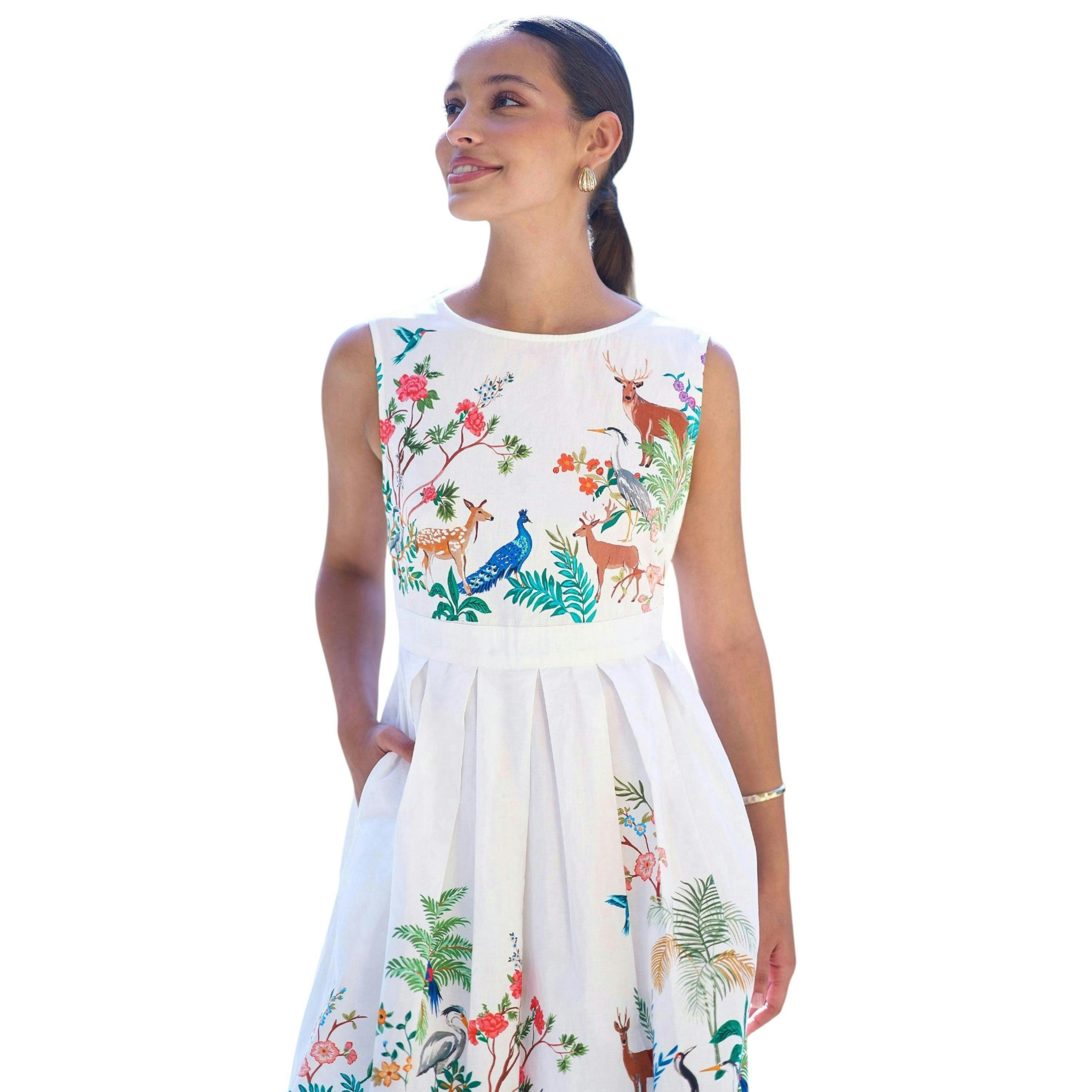 Yumi White Woodland Animal Print Cotton Midi Skater Dress , view 4 of 6