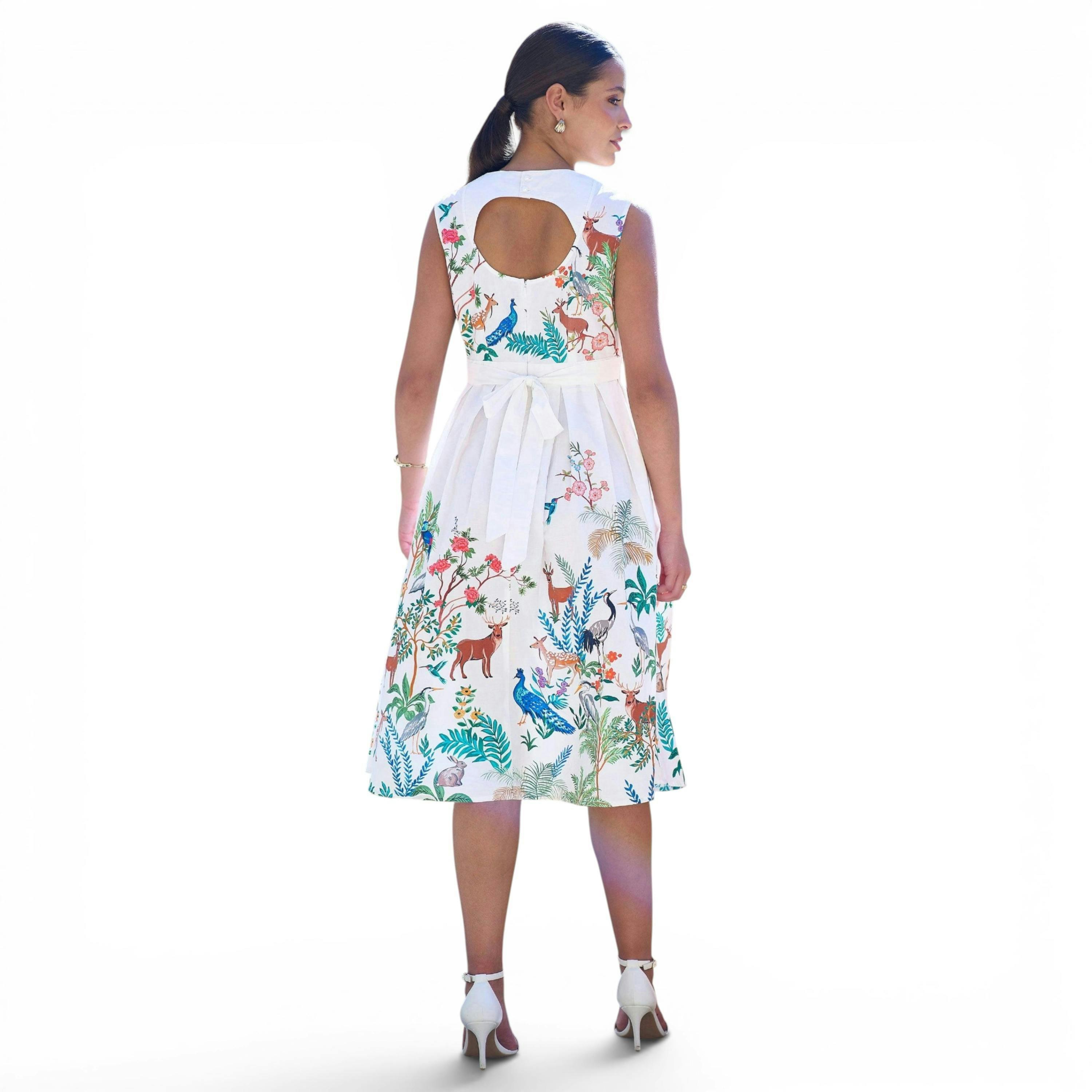 Yumi White Woodland Animal Print Cotton Midi Skater Dress , view 5 of 6