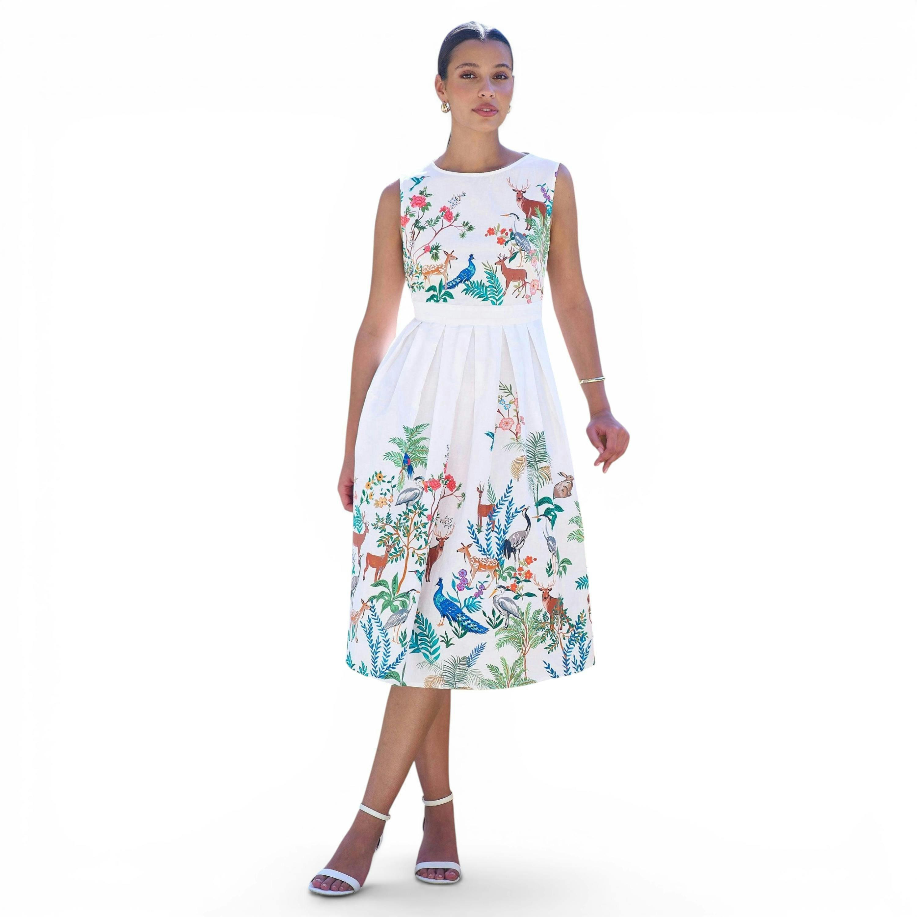 Yumi White Woodland Animal Print Cotton Midi Skater Dress , view 6 of 6