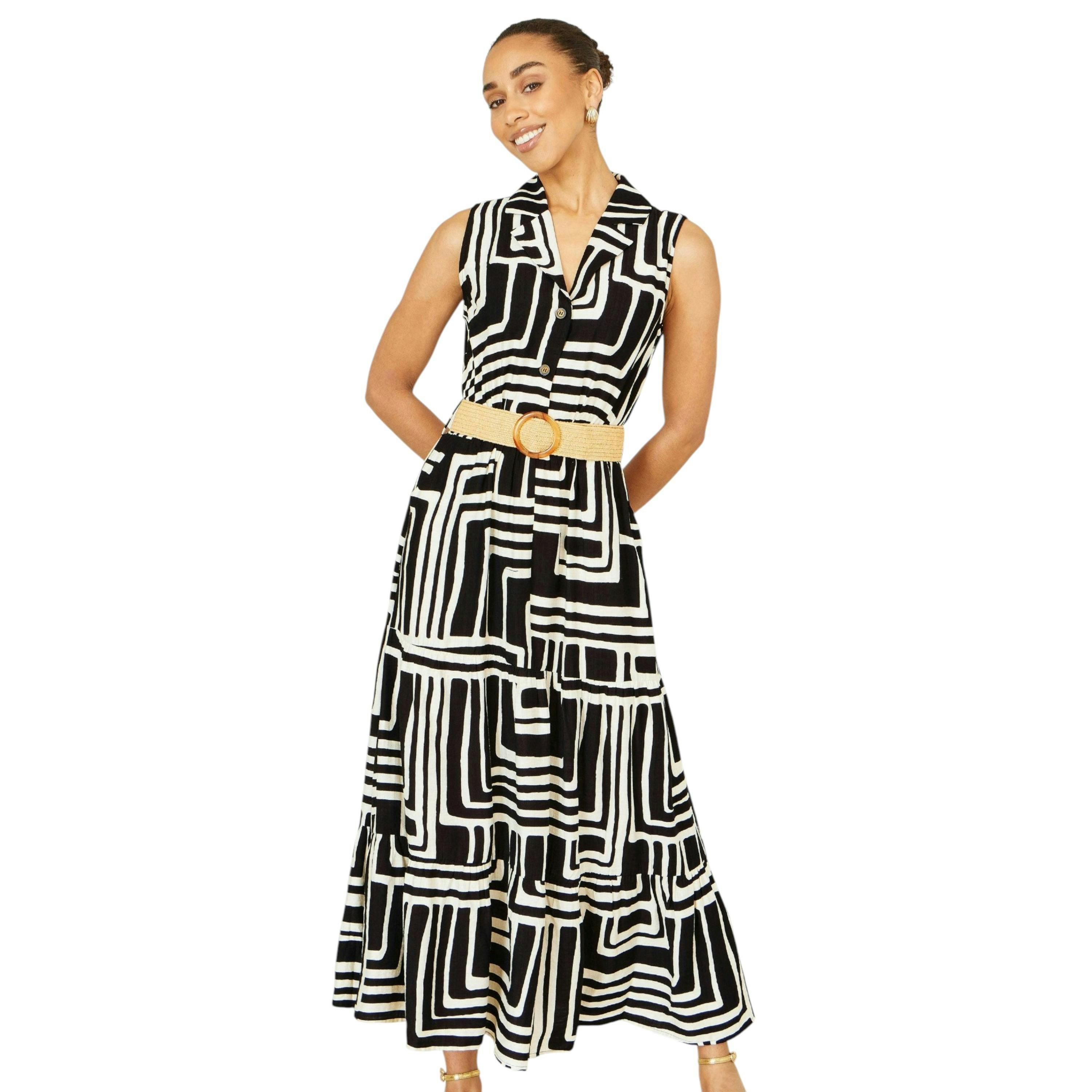 Yumi Black Viscose Geo Print Midi Shirt Dress With Matching Belt , view 3 of 6