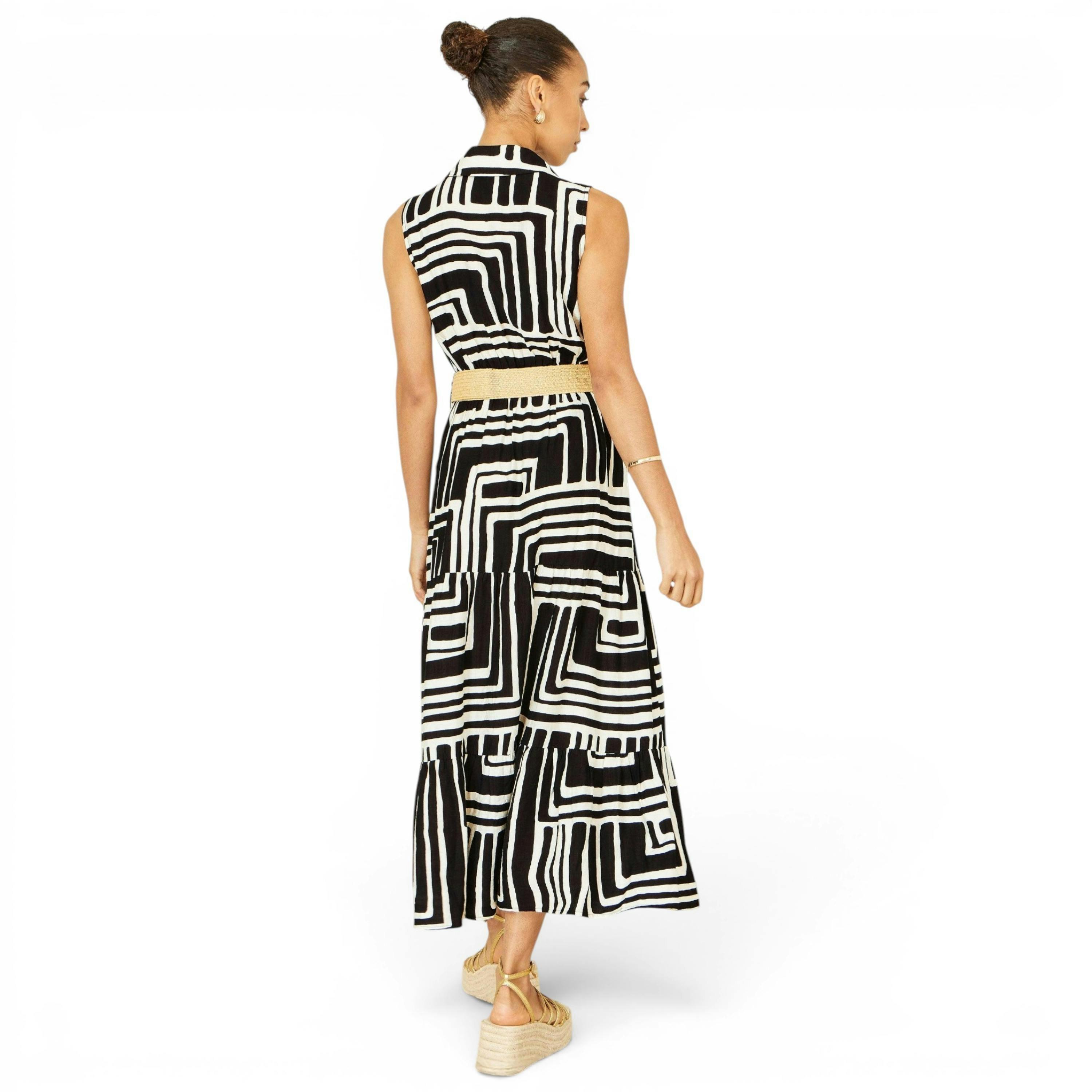 Yumi Black Viscose Geo Print Midi Shirt Dress With Matching Belt , view 4 of 6