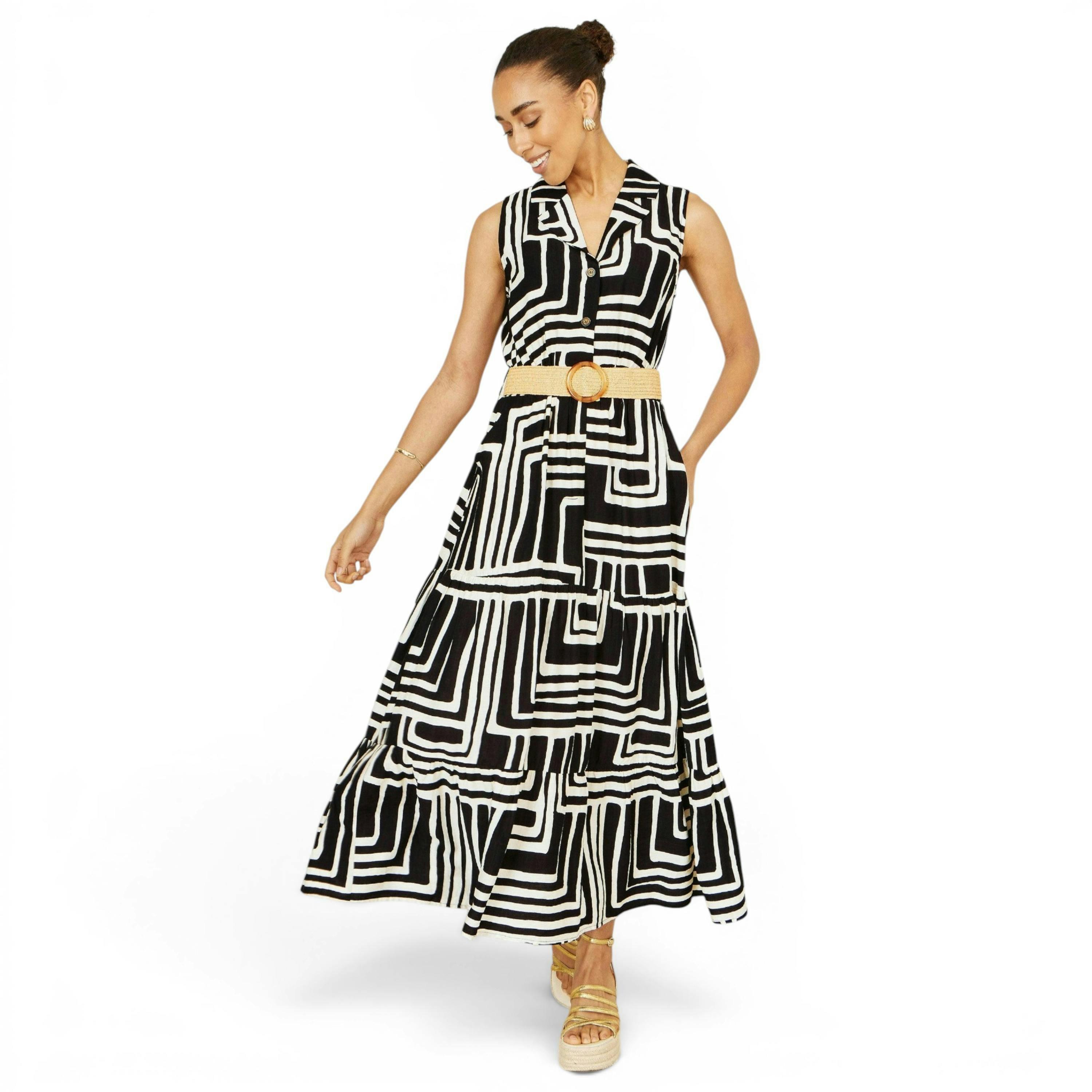 Yumi Black Viscose Geo Print Midi Shirt Dress With Matching Belt , view 5 of 6
