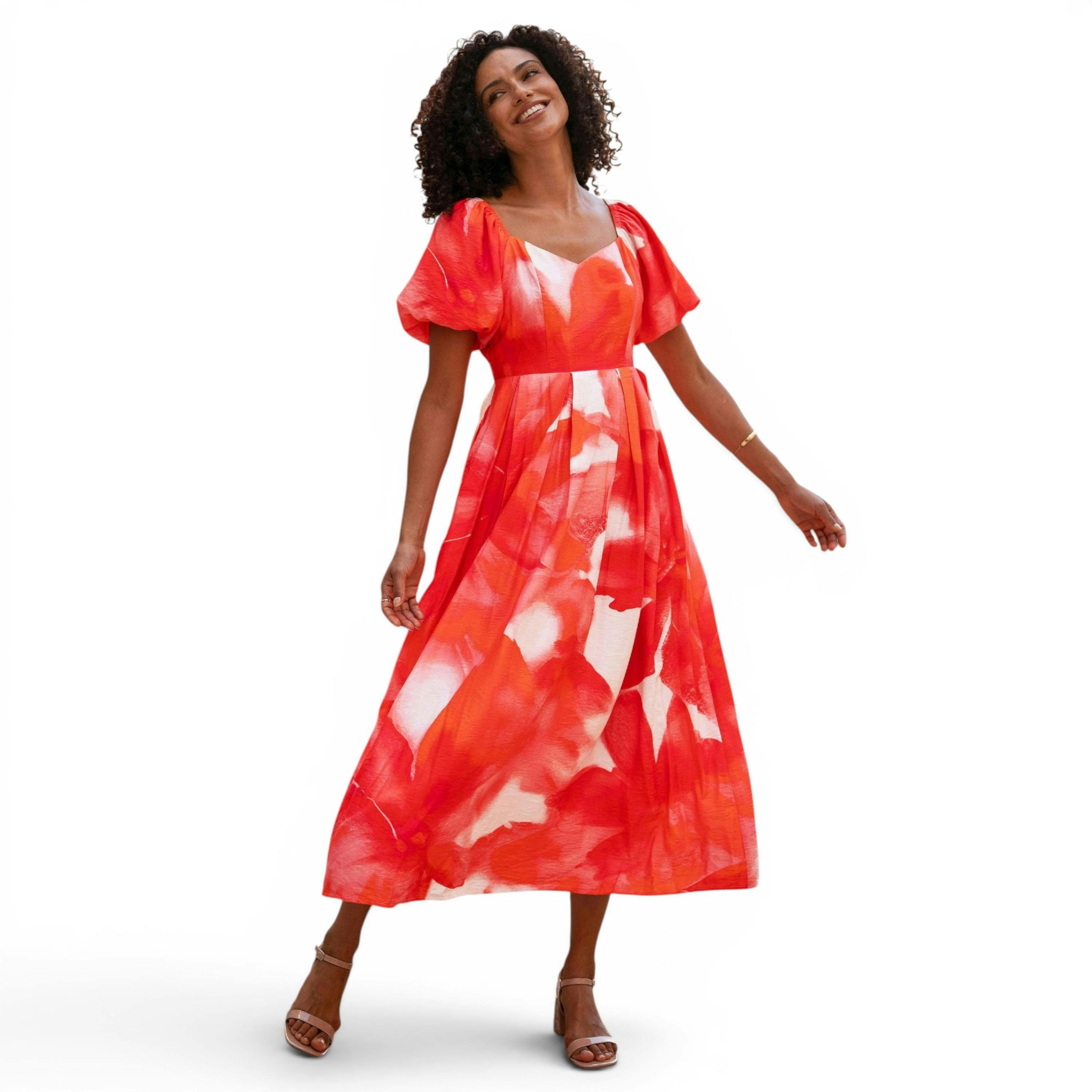 Yumi Red Viscose Floral Midi Dress With Puff Sleeves , view 1 of 6