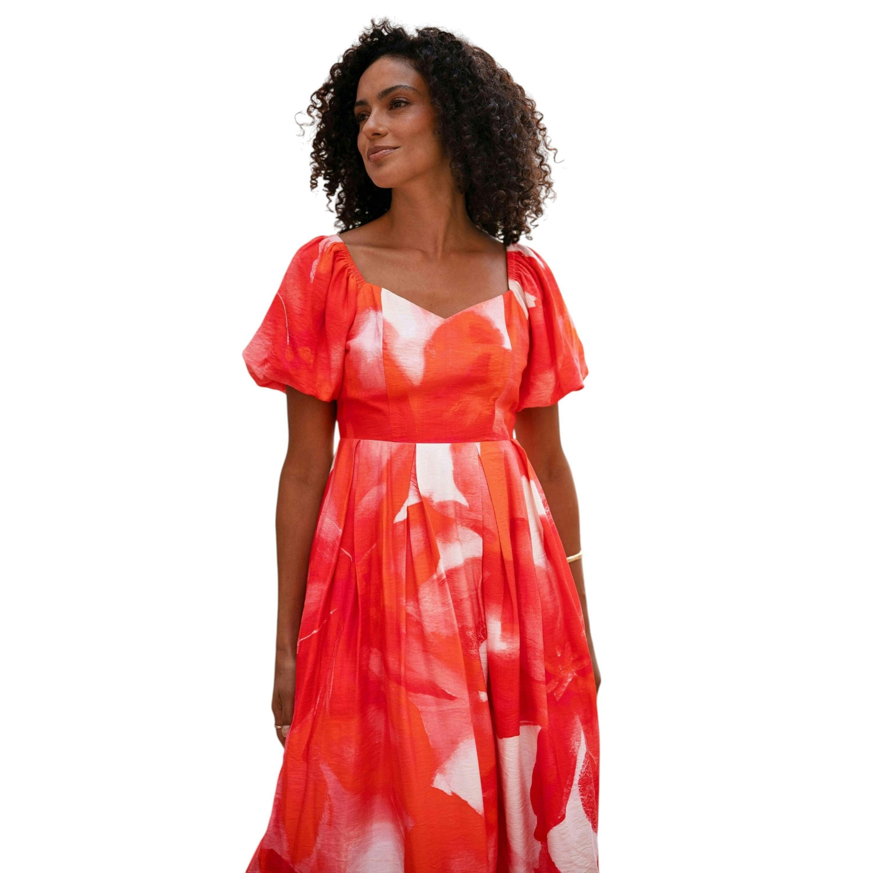 Yumi Red Viscose Floral Midi Dress With Puff Sleeves , view 2 of 6