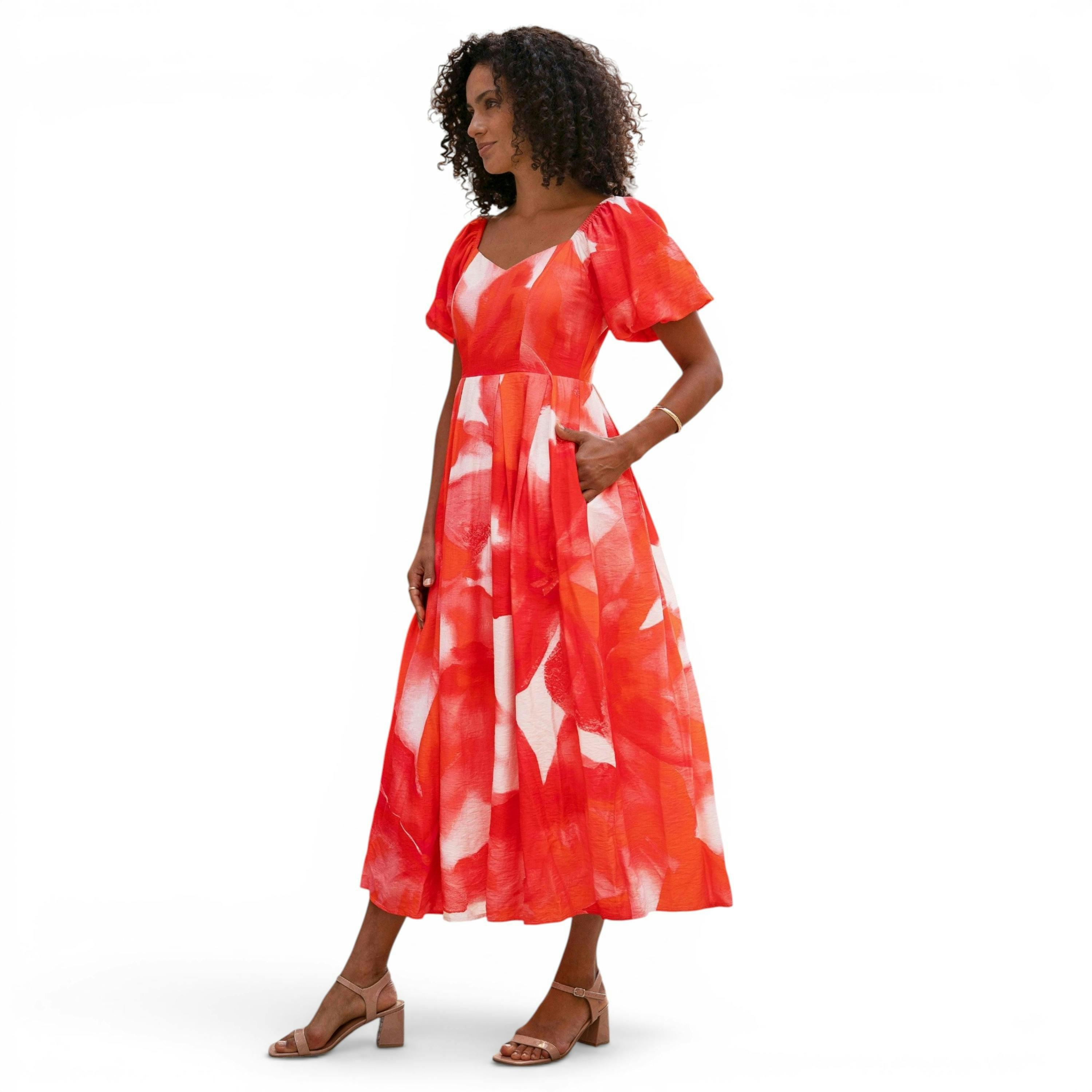 Yumi Red Viscose Floral Midi Dress With Puff Sleeves , view 3 of 6