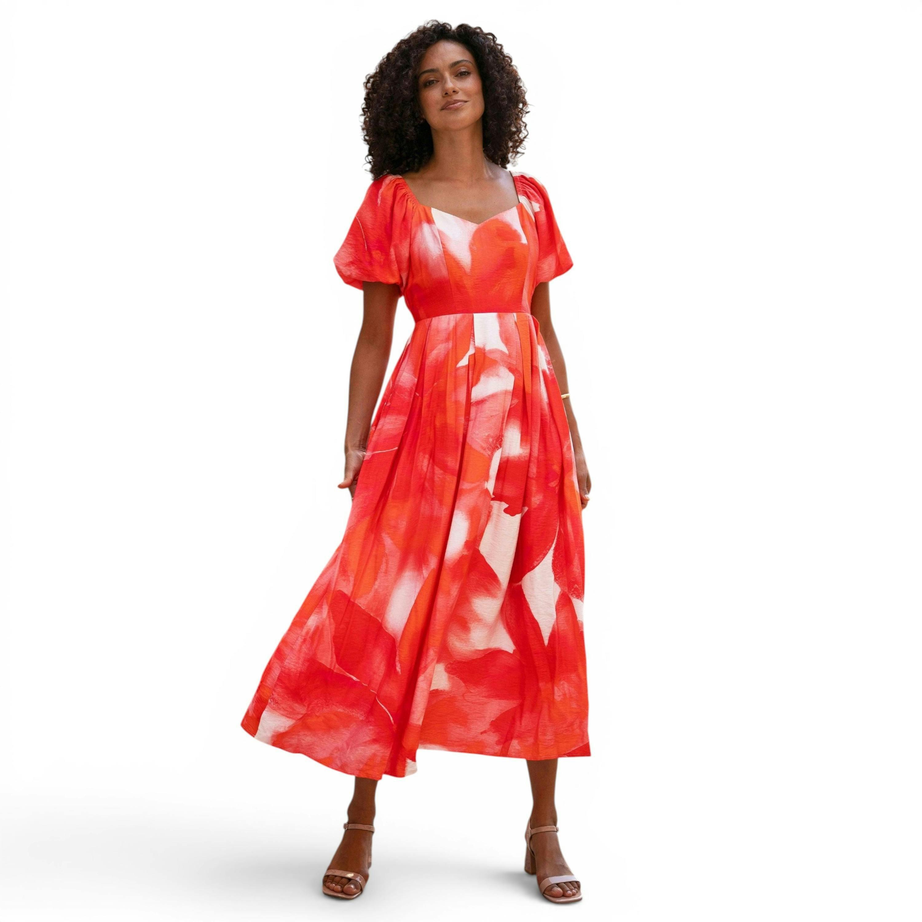 Yumi Red Viscose Floral Midi Dress With Puff Sleeves , view 4 of 6