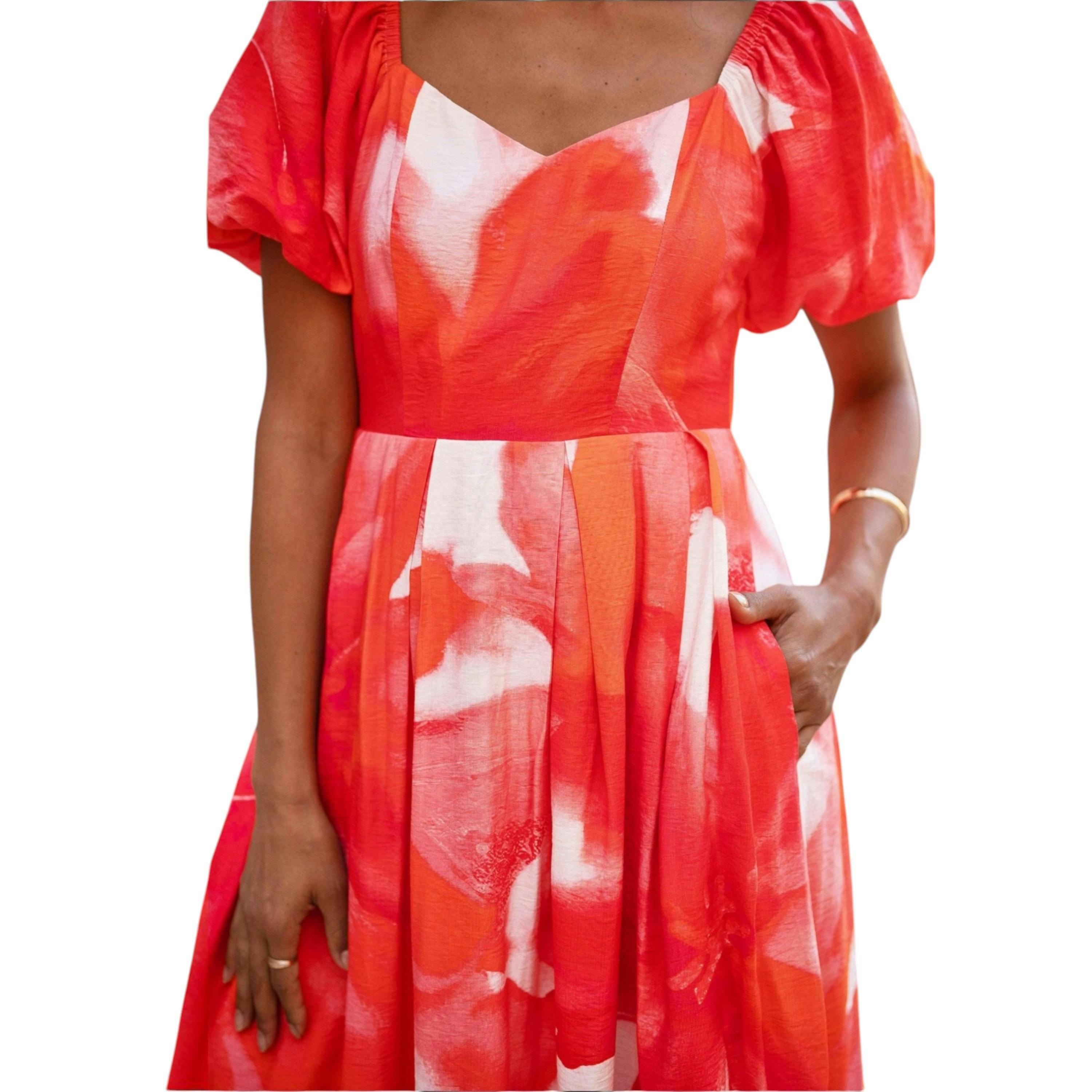 Yumi Red Viscose Floral Midi Dress With Puff Sleeves , view 5 of 6