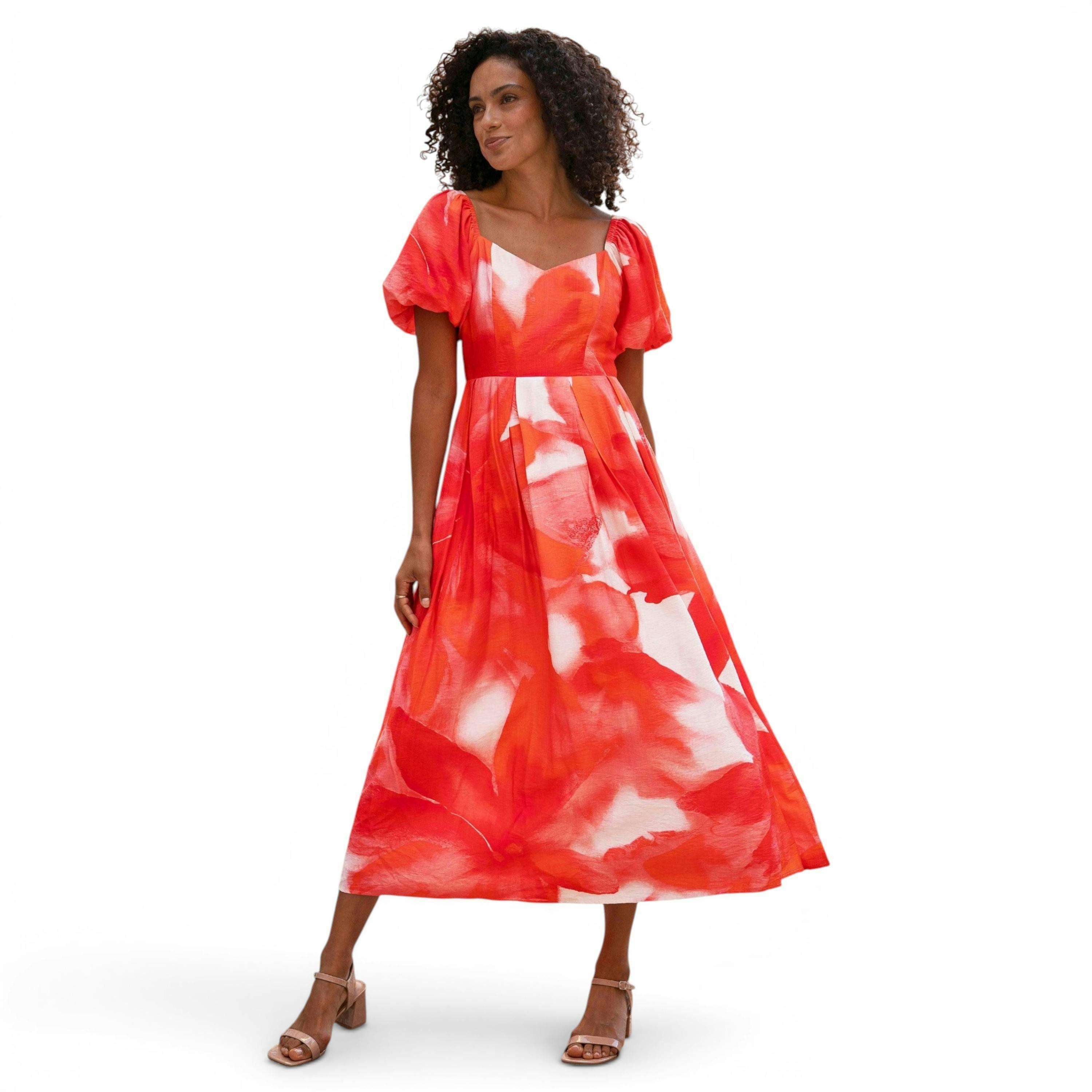 Yumi Red Viscose Floral Midi Dress With Puff Sleeves , view 6 of 6