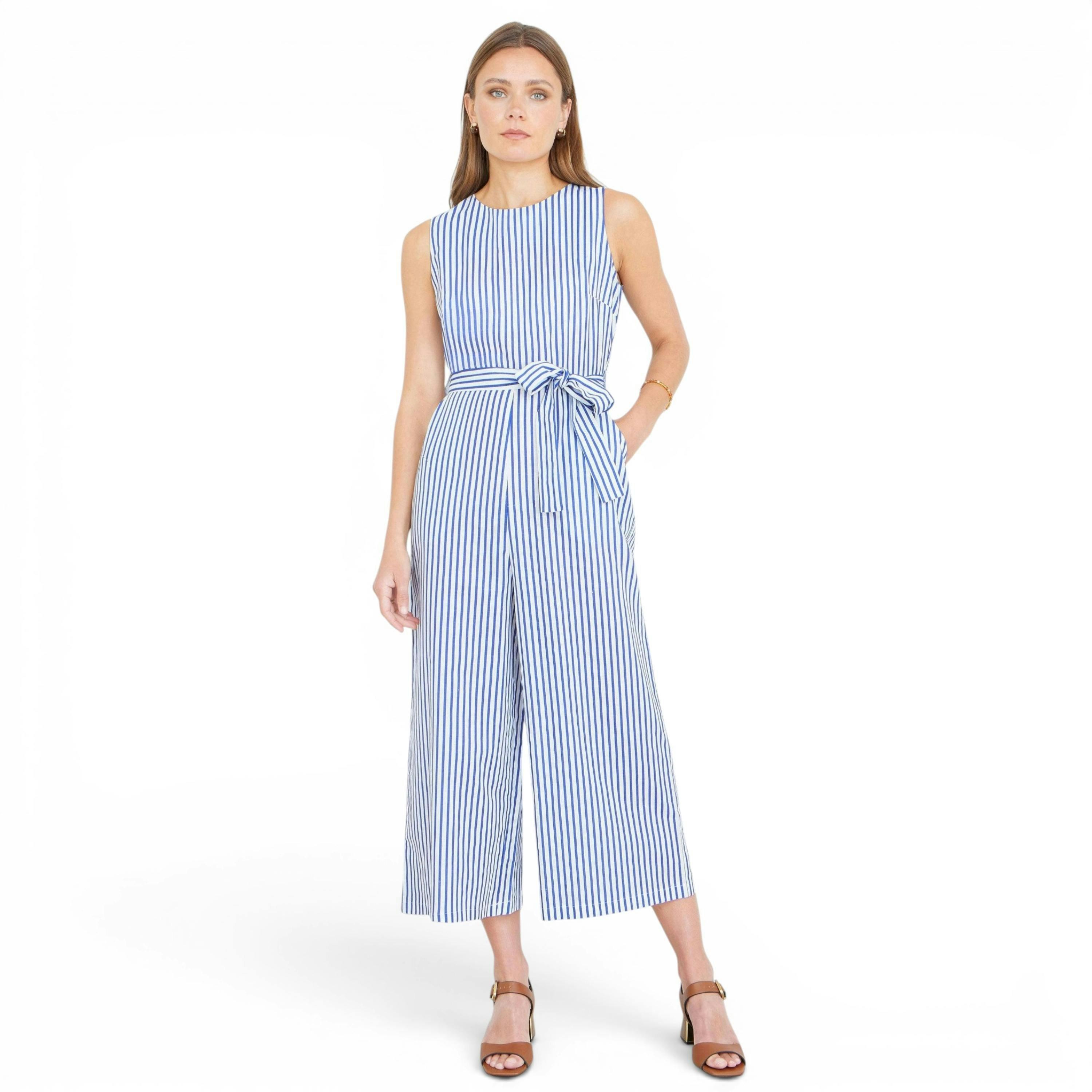 Yumi Blue Cotton Stripe Culotte Jumpsuit , view 1 of 6