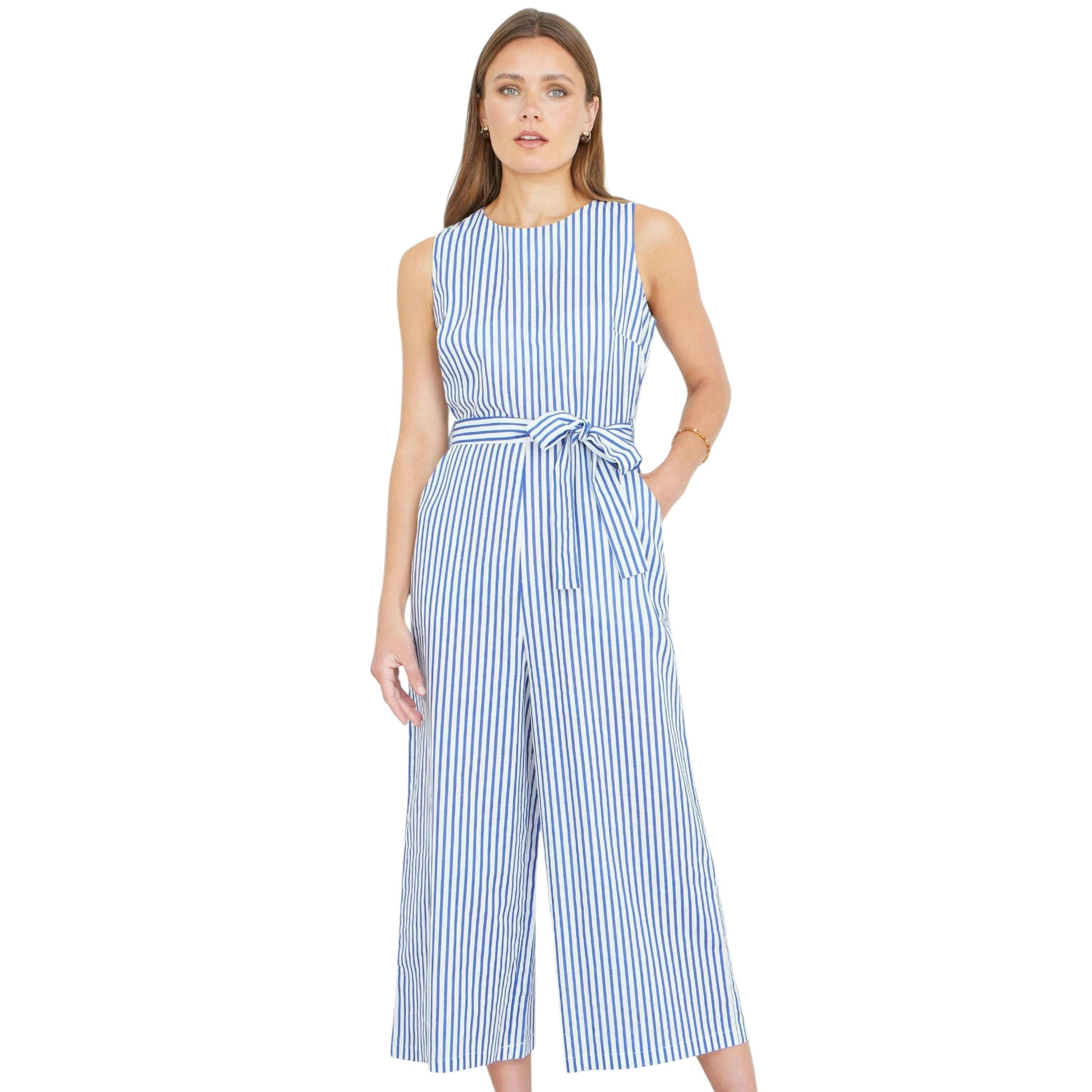 Yumi Blue Cotton Stripe Culotte Jumpsuit , view 3 of 6