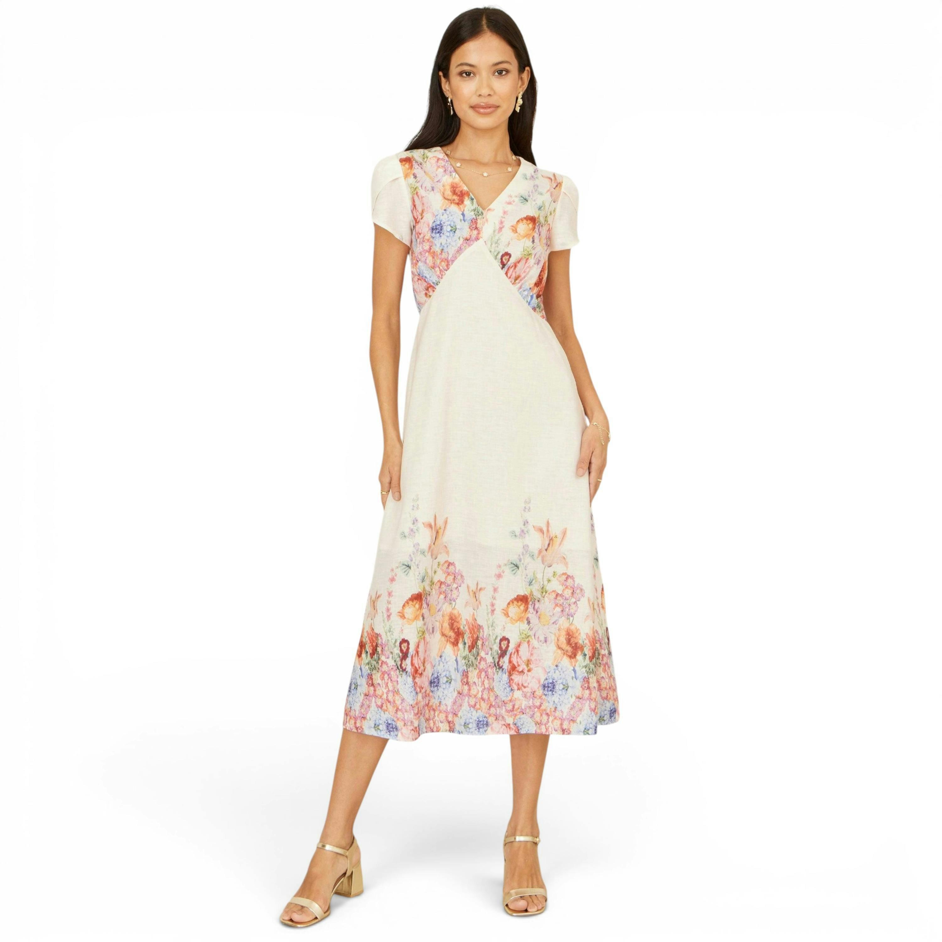 Yumi Pink Border Floral Midi Dress , view 1 of 6