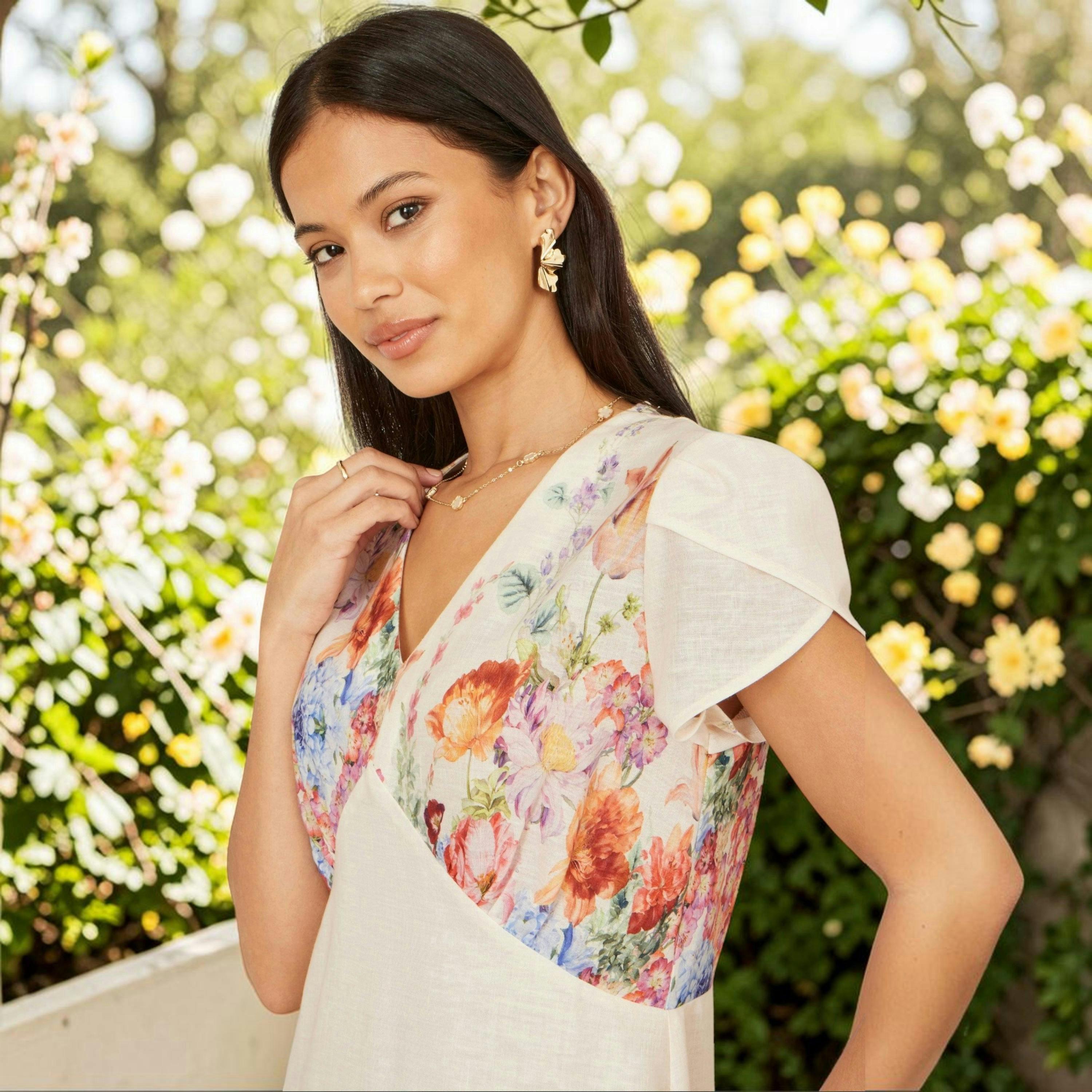 Yumi Pink Border Floral Midi Dress , view 2 of 6