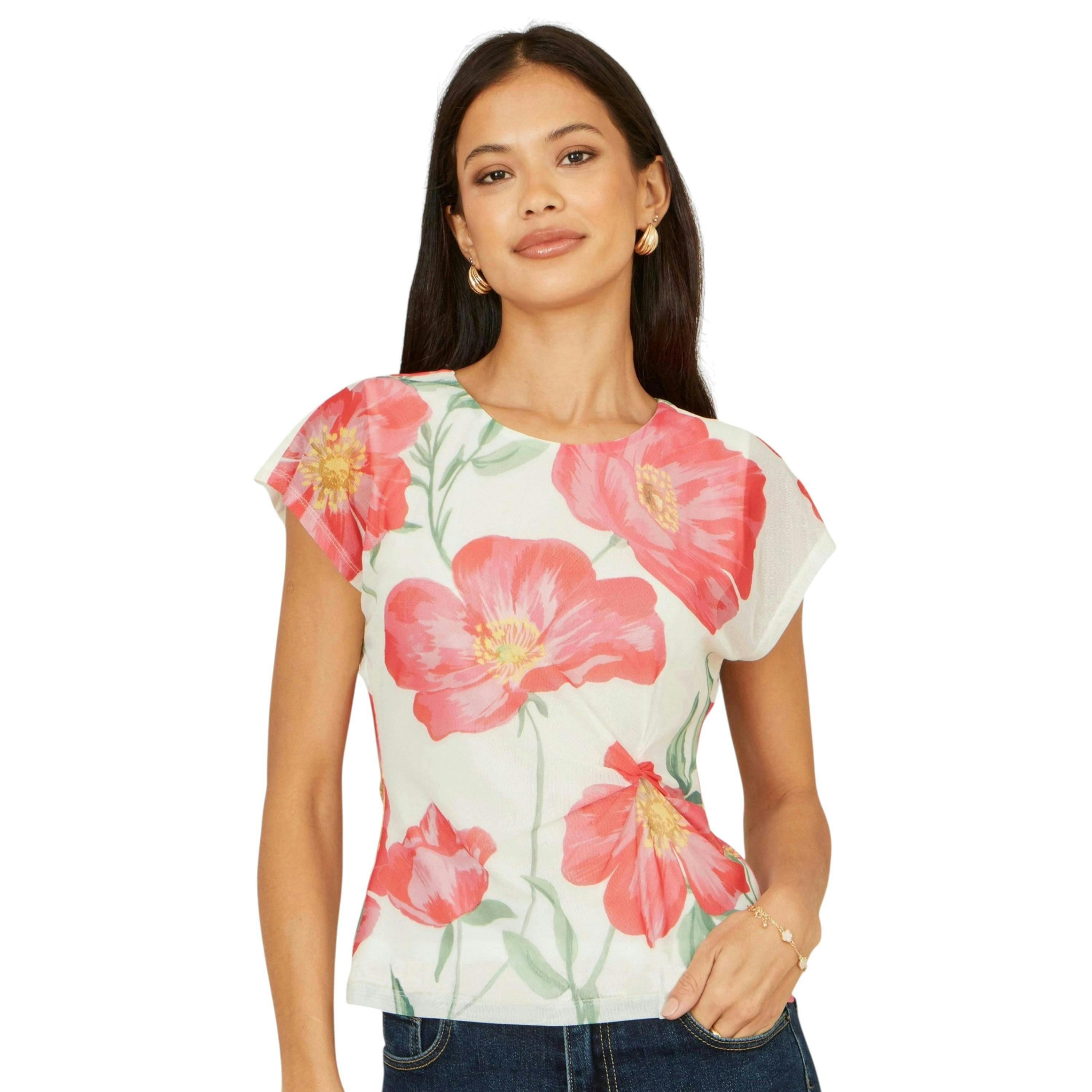 Yumi Ivory Poppy Print Mesh Top , view 1 of 5