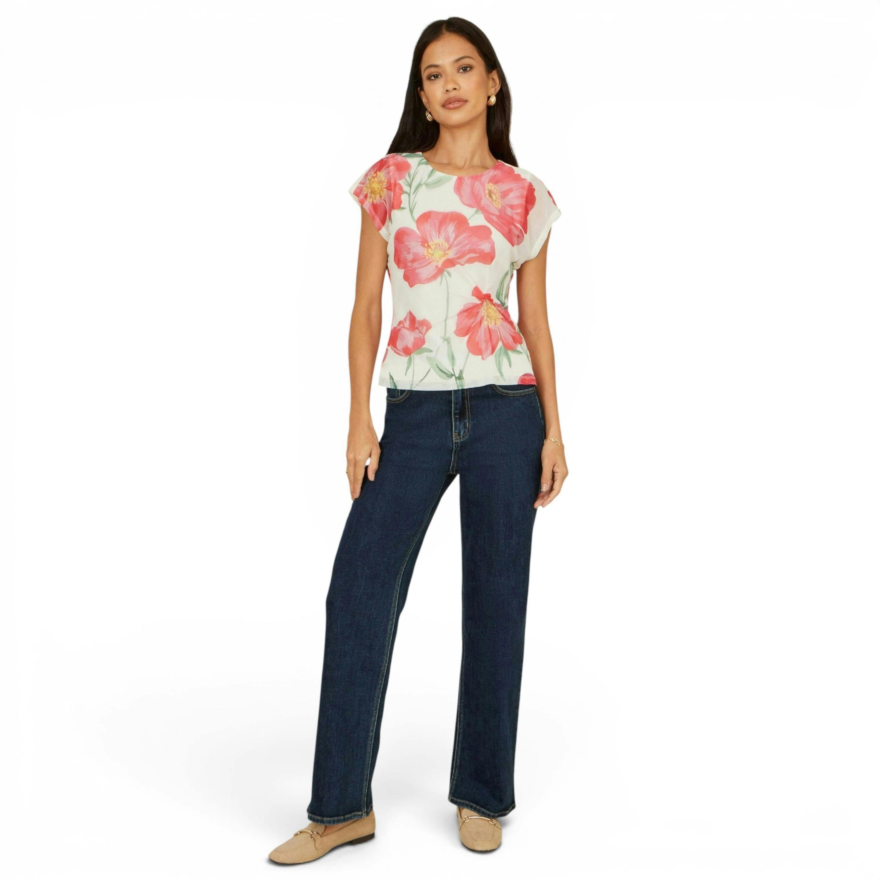 Yumi Ivory Poppy Print Mesh Top , view 2 of 5