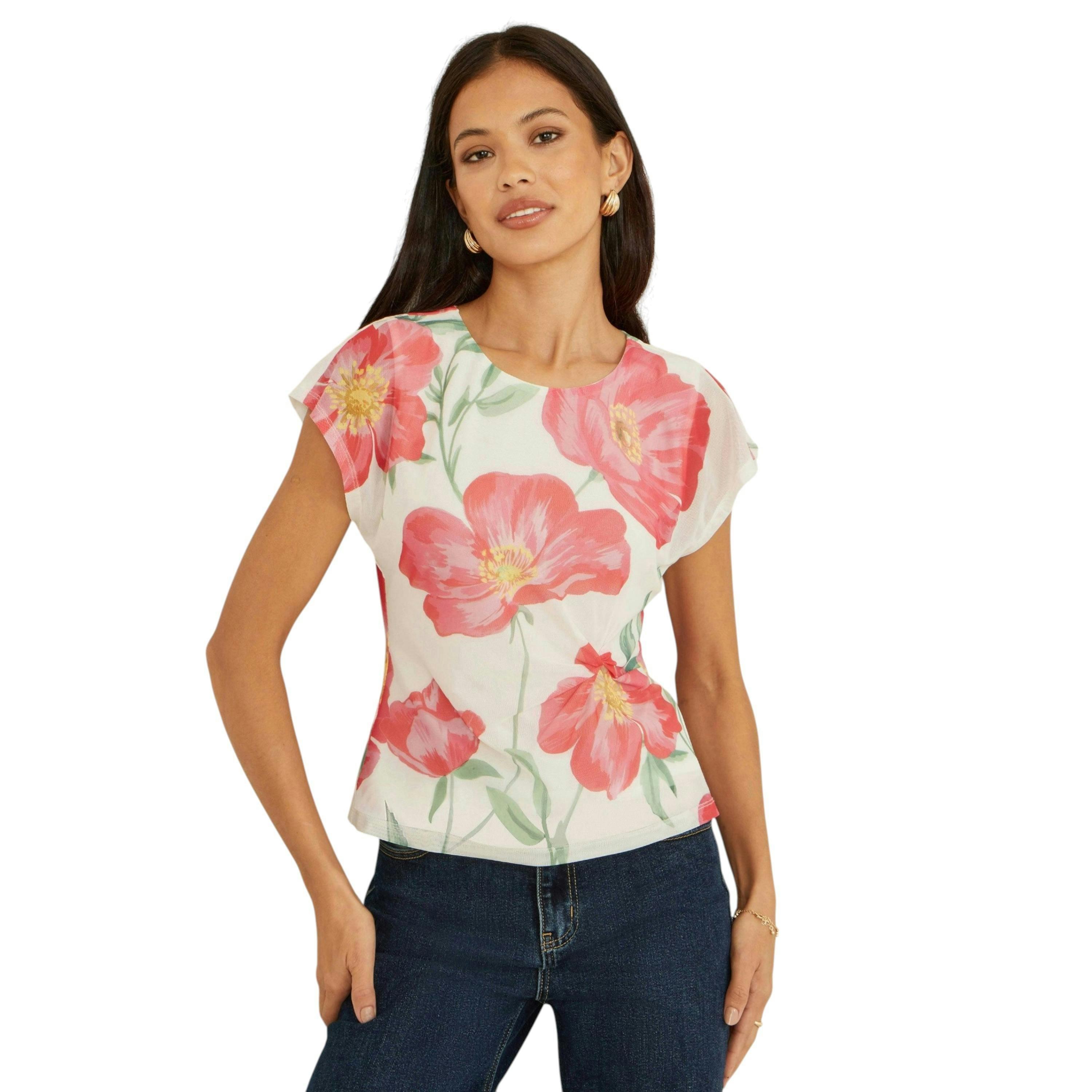 Yumi Ivory Poppy Print Mesh Top , view 3 of 5