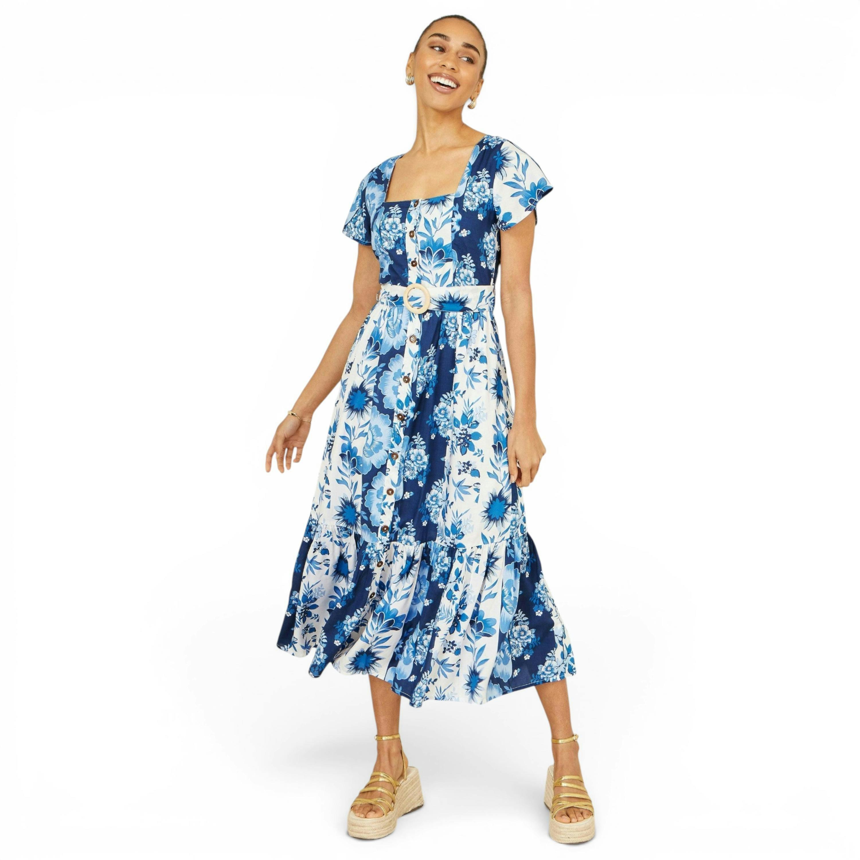 Yumi Blue Floral Viscose Midi Shirt Dress With Matching Belt , view 1 of 6
