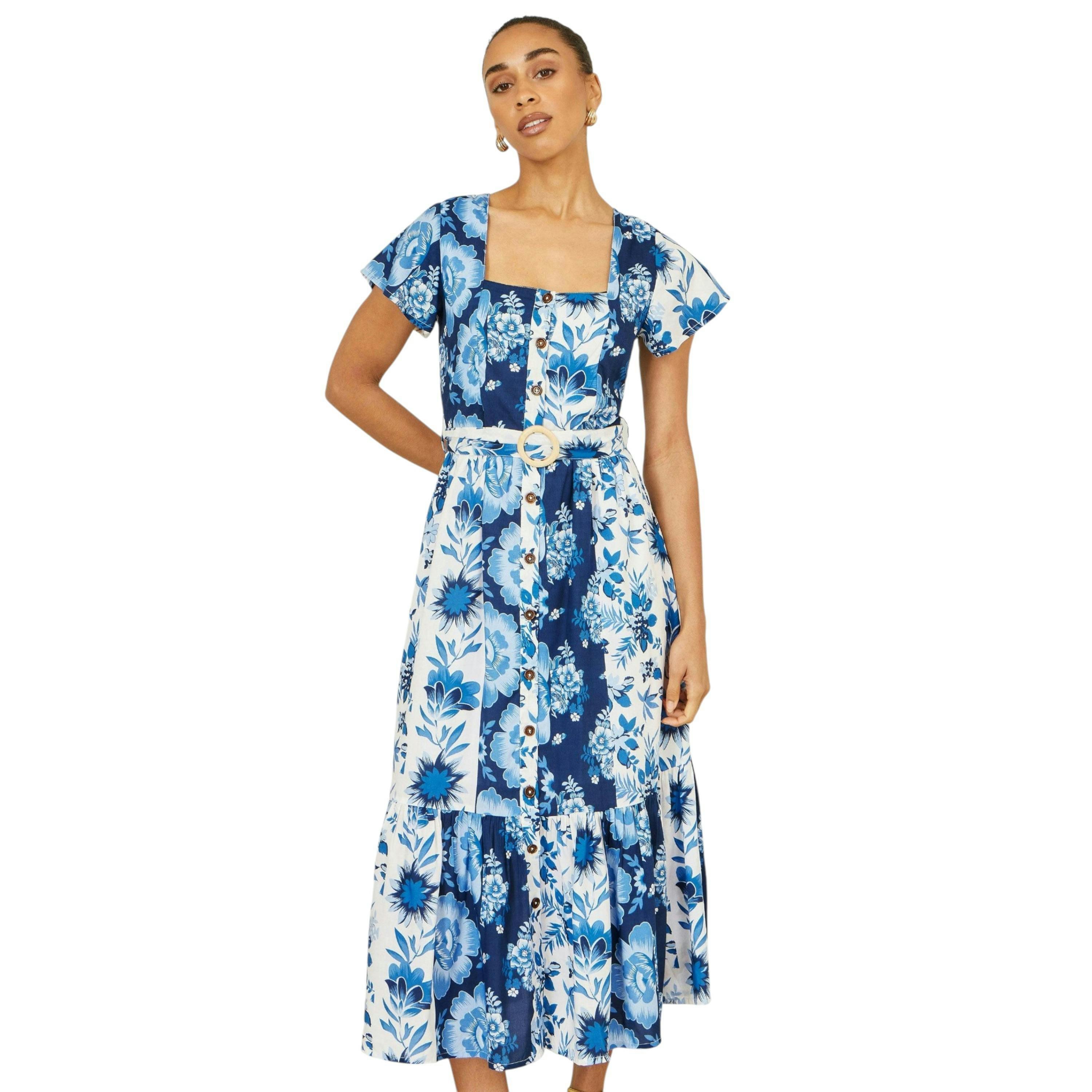 Yumi Blue Floral Viscose Midi Shirt Dress With Matching Belt , view 2 of 6