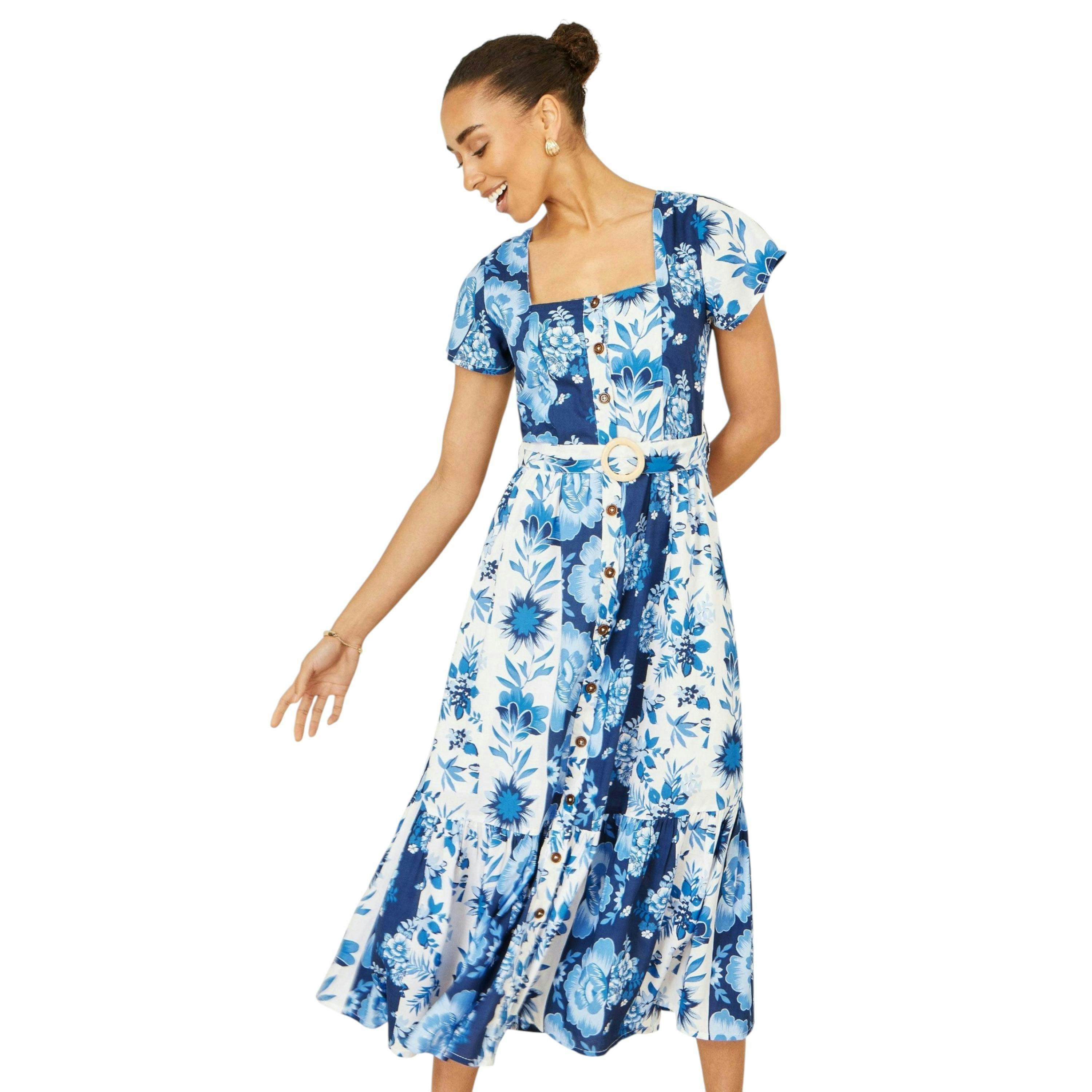 Yumi Blue Floral Viscose Midi Shirt Dress With Matching Belt , view 4 of 6