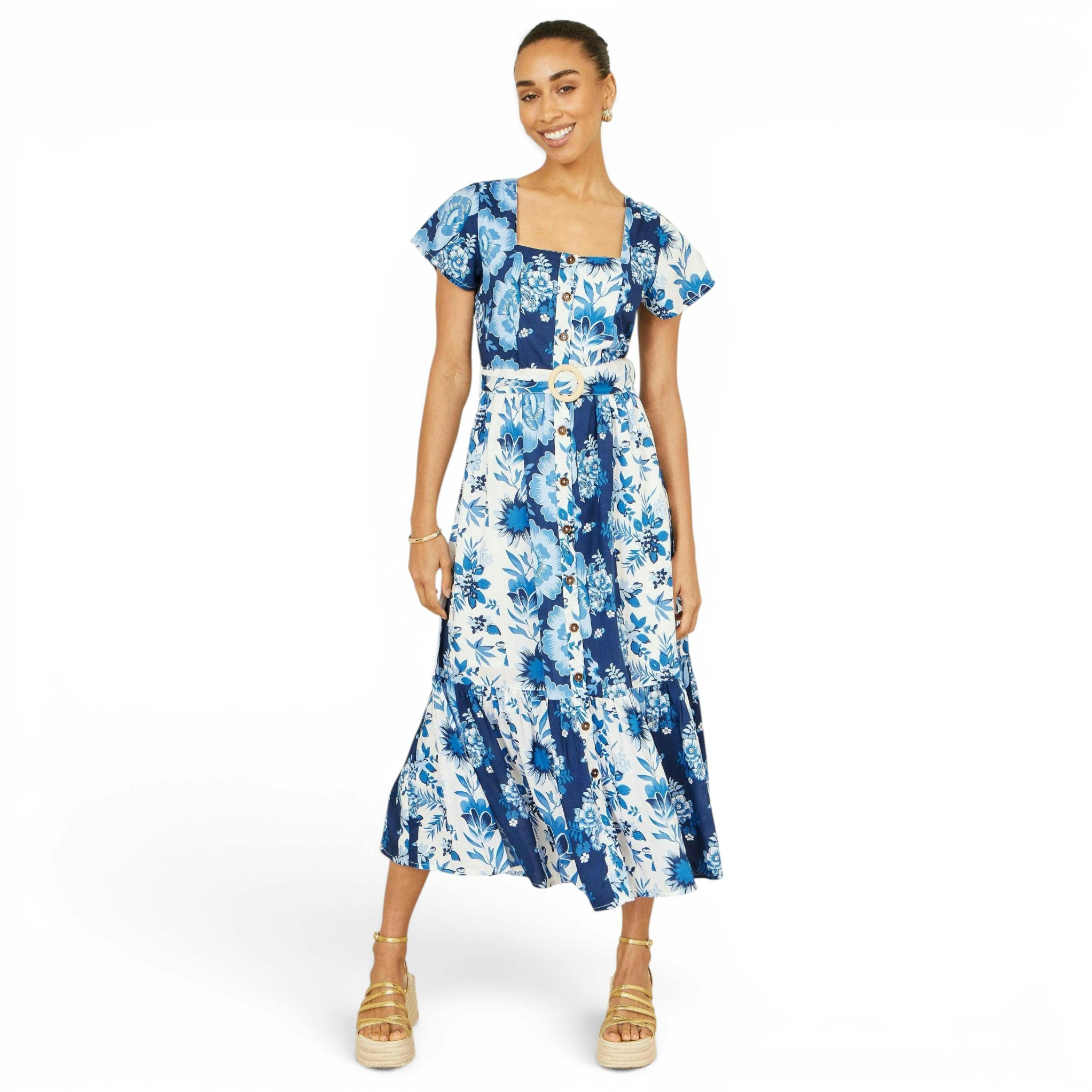 Yumi Blue Floral Viscose Midi Shirt Dress With Matching Belt , view 5 of 6