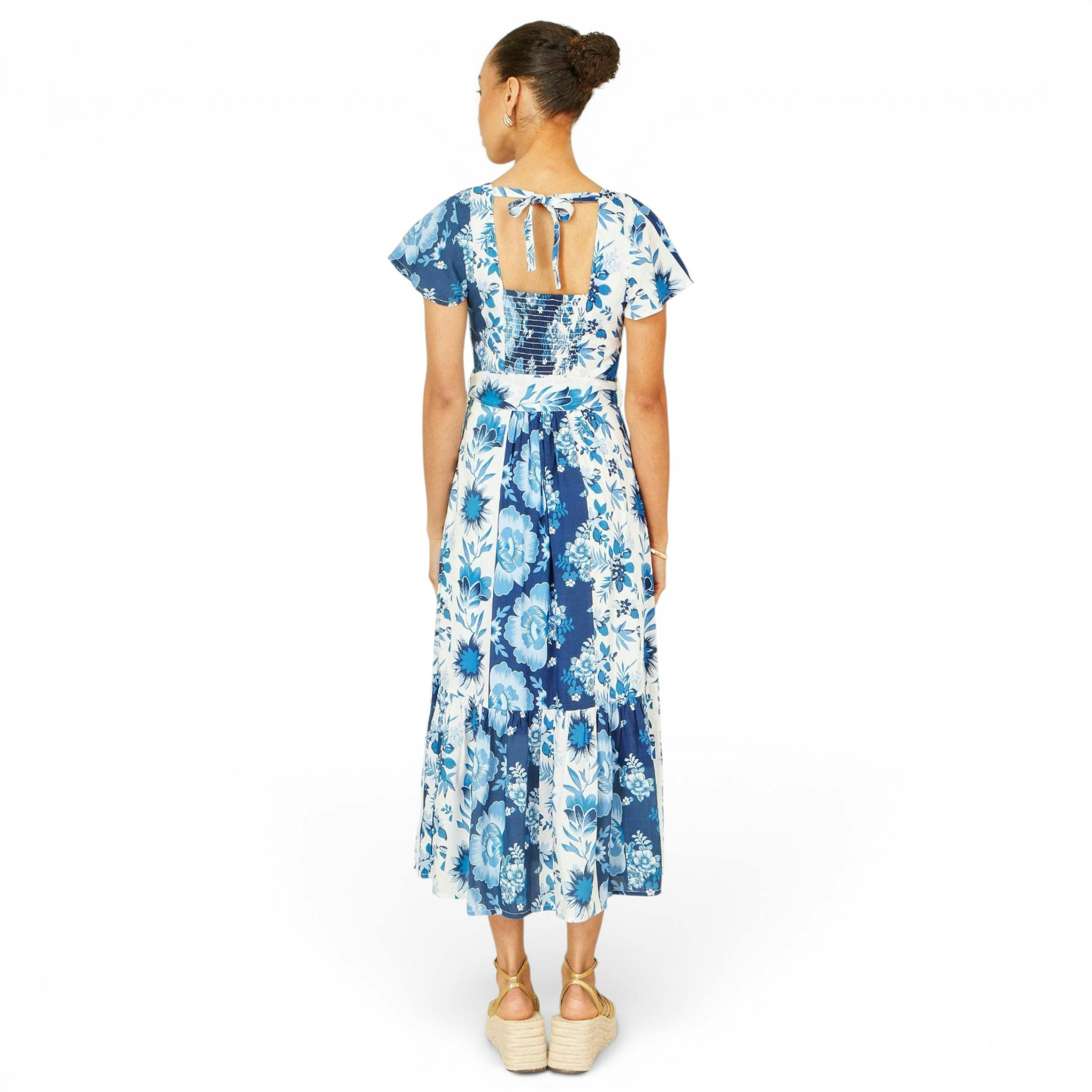 Yumi Blue Floral Viscose Midi Shirt Dress With Matching Belt , view 6 of 6