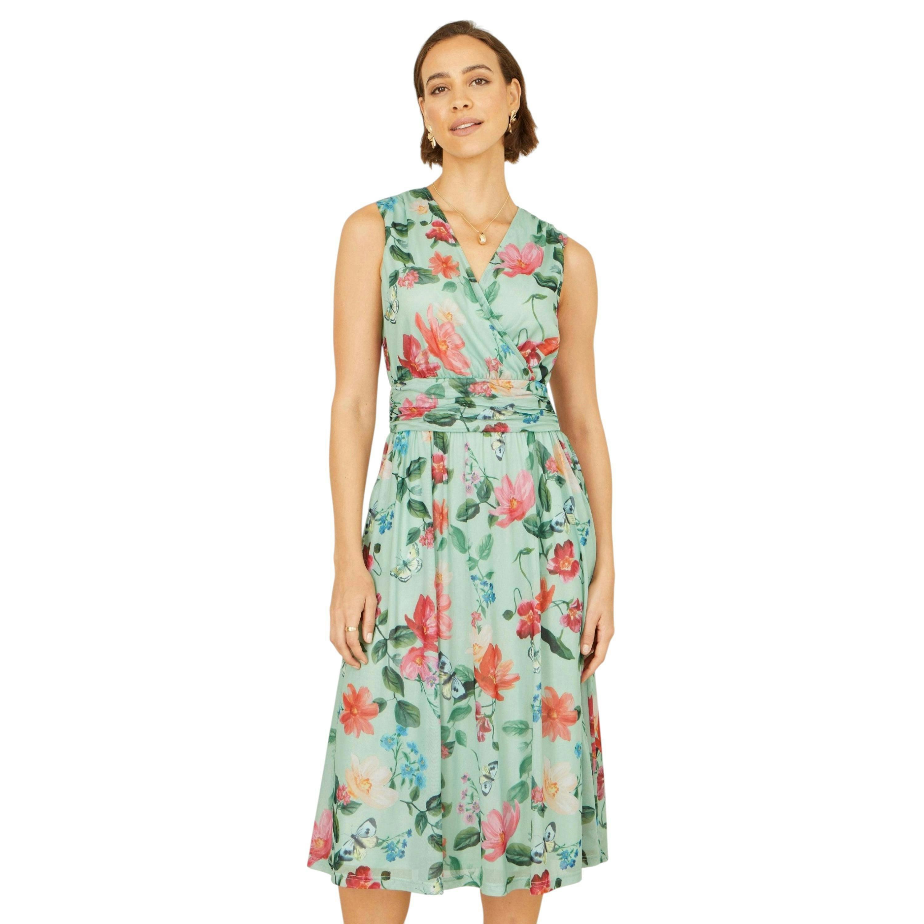 Yumi Mint Blurred Floral Mesh Wrap Midi Dress , view 1 of 6