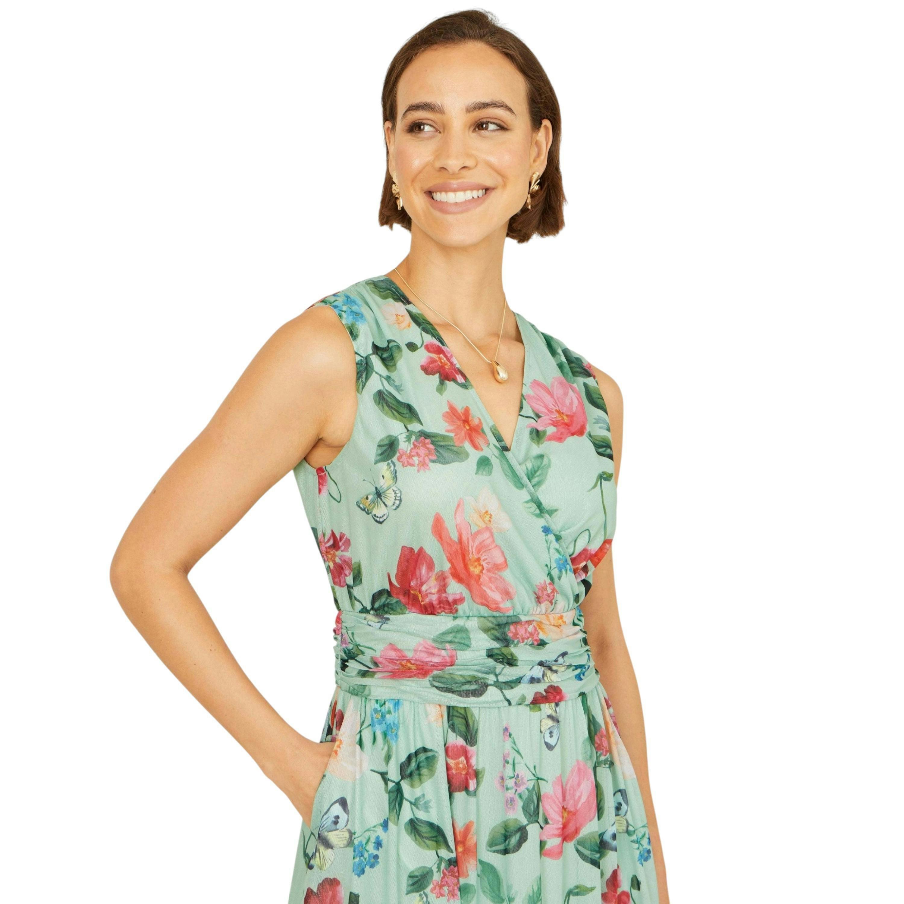 Yumi Mint Blurred Floral Mesh Wrap Midi Dress , view 2 of 6