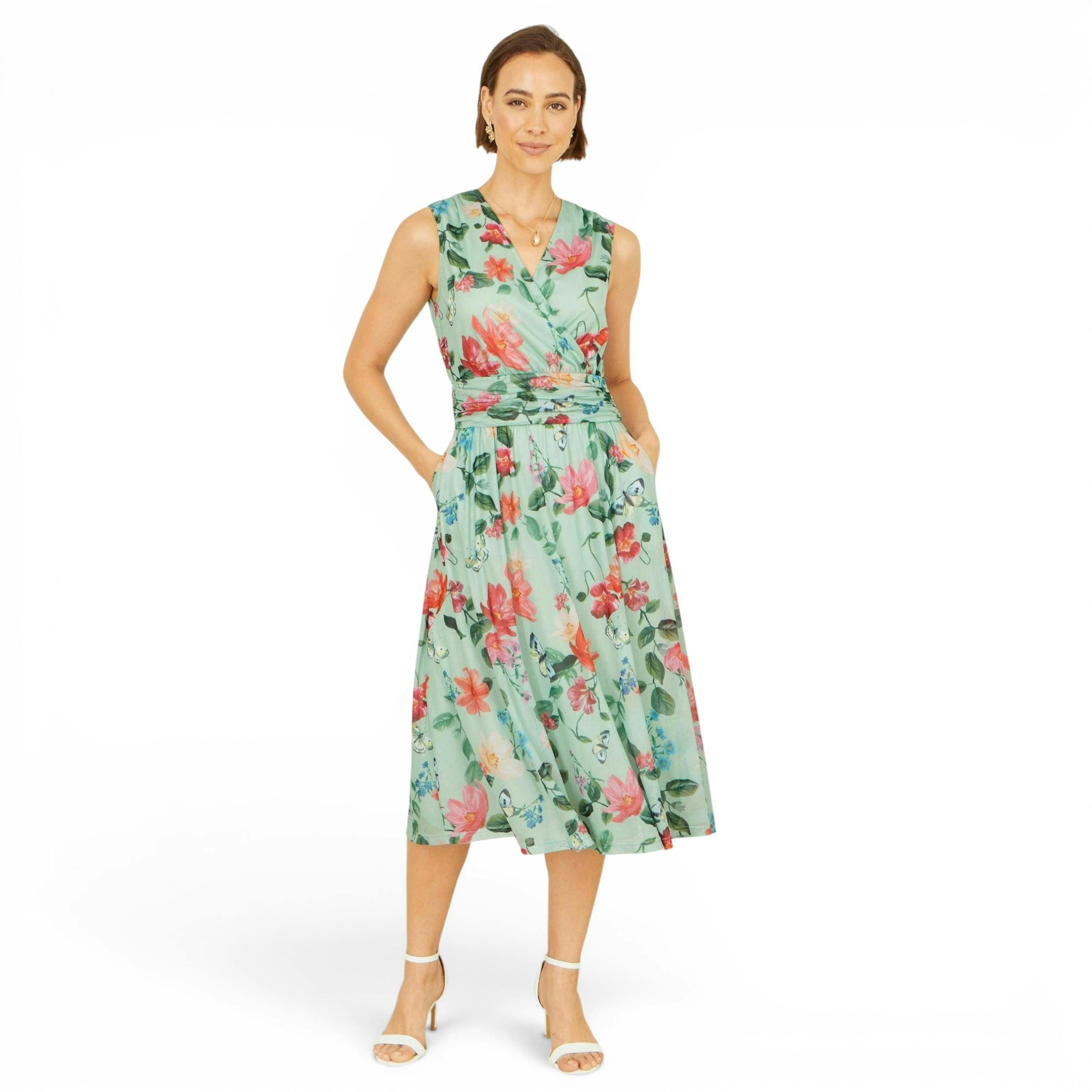 Yumi Mint Blurred Floral Mesh Wrap Midi Dress , view 3 of 6