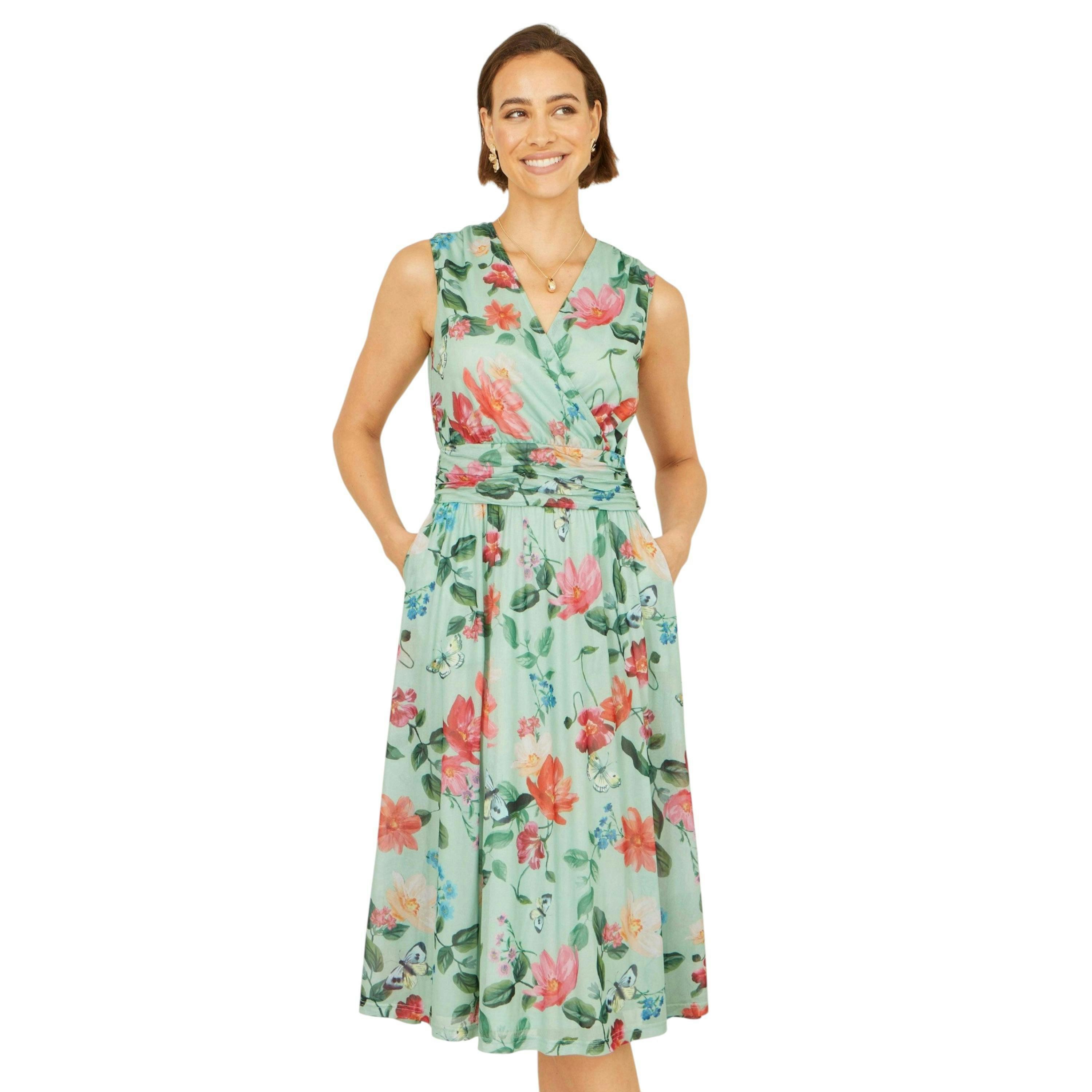 Yumi Mint Blurred Floral Mesh Wrap Midi Dress , view 5 of 6