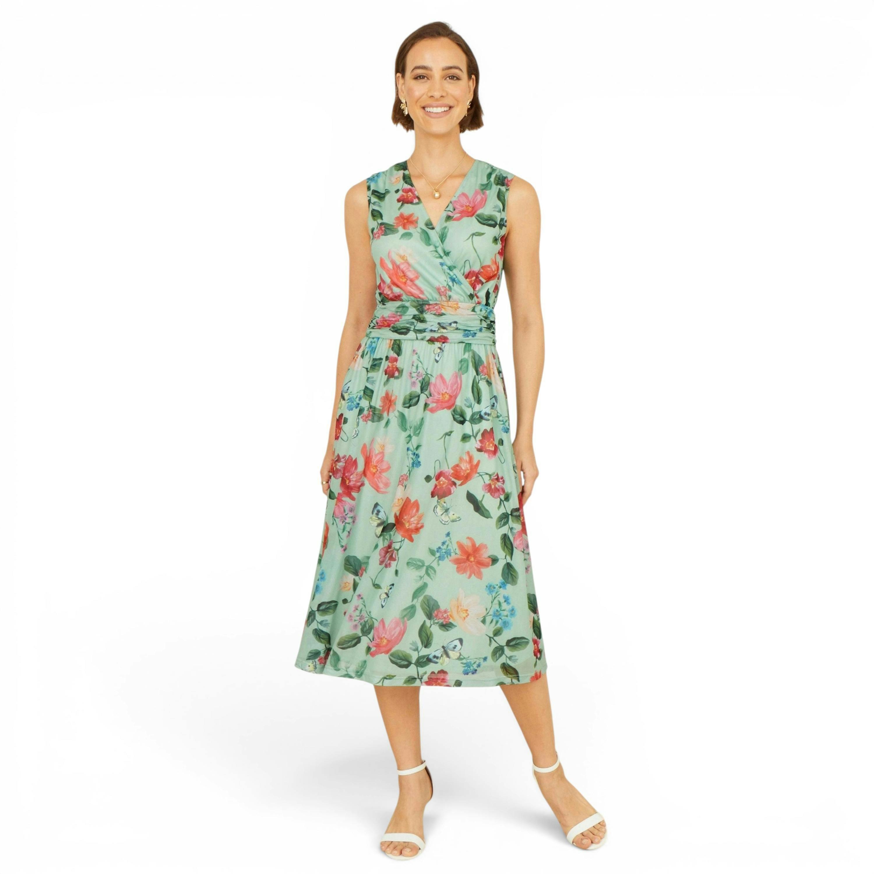 Yumi Mint Blurred Floral Mesh Wrap Midi Dress , view 6 of 6