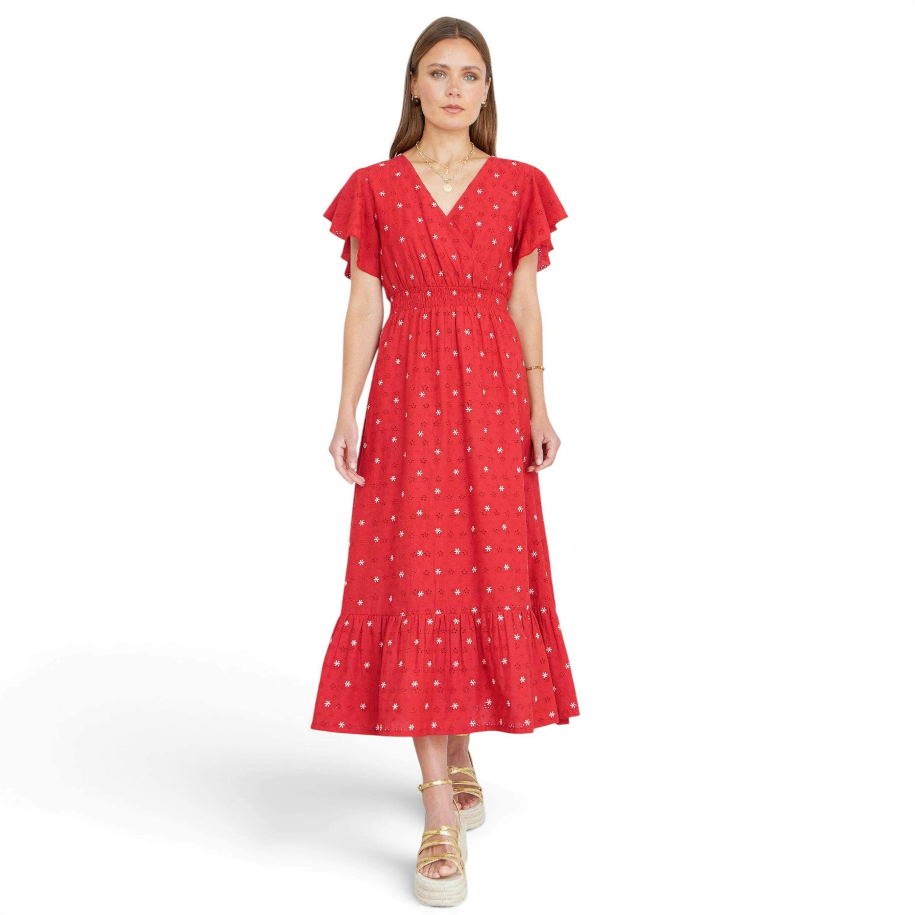 Yumi Red Broderie Anglaise Wrap Midi Dress With Flower Embroidery , view 1 of 6