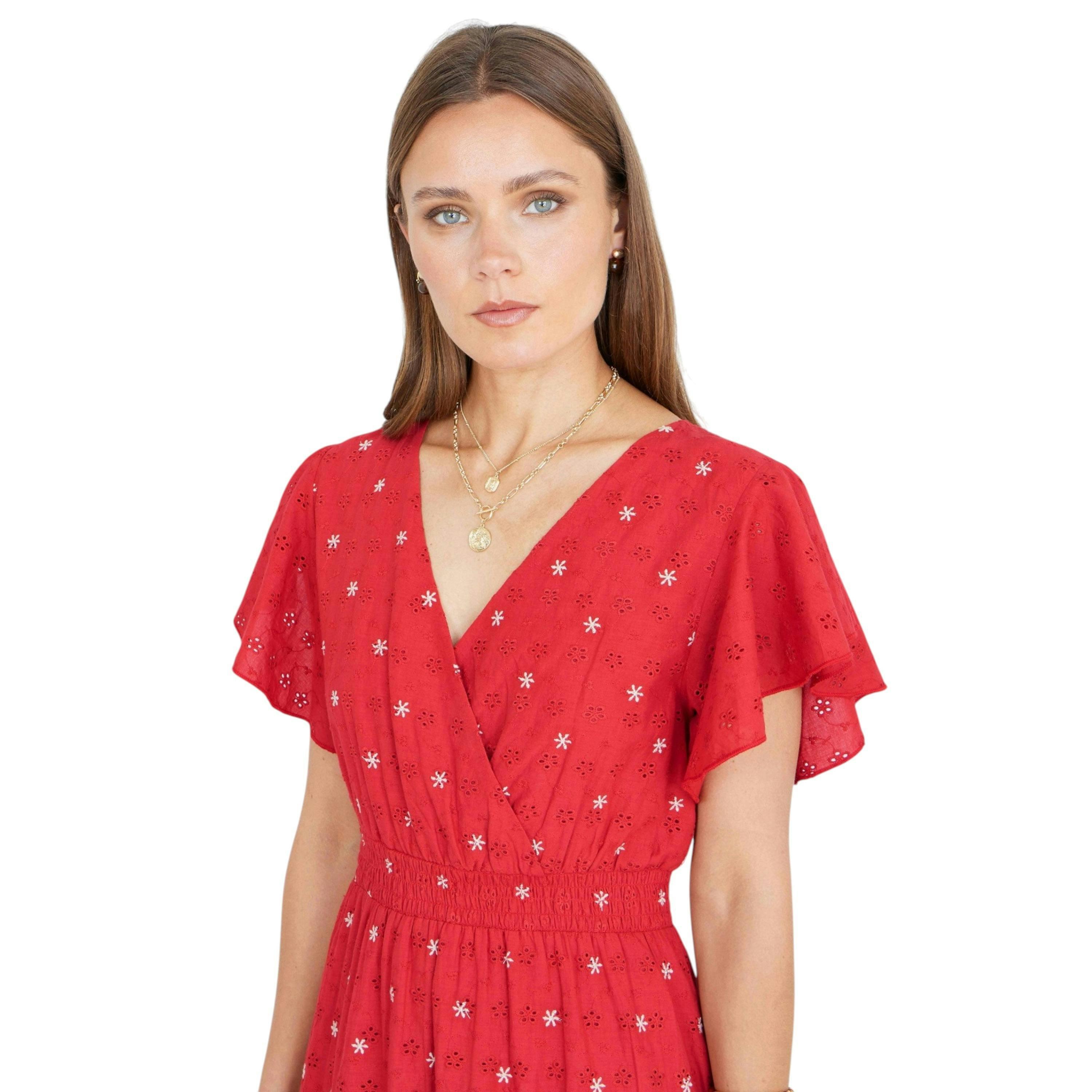 Yumi Red Broderie Anglaise Wrap Midi Dress With Flower Embroidery , view 2 of 6