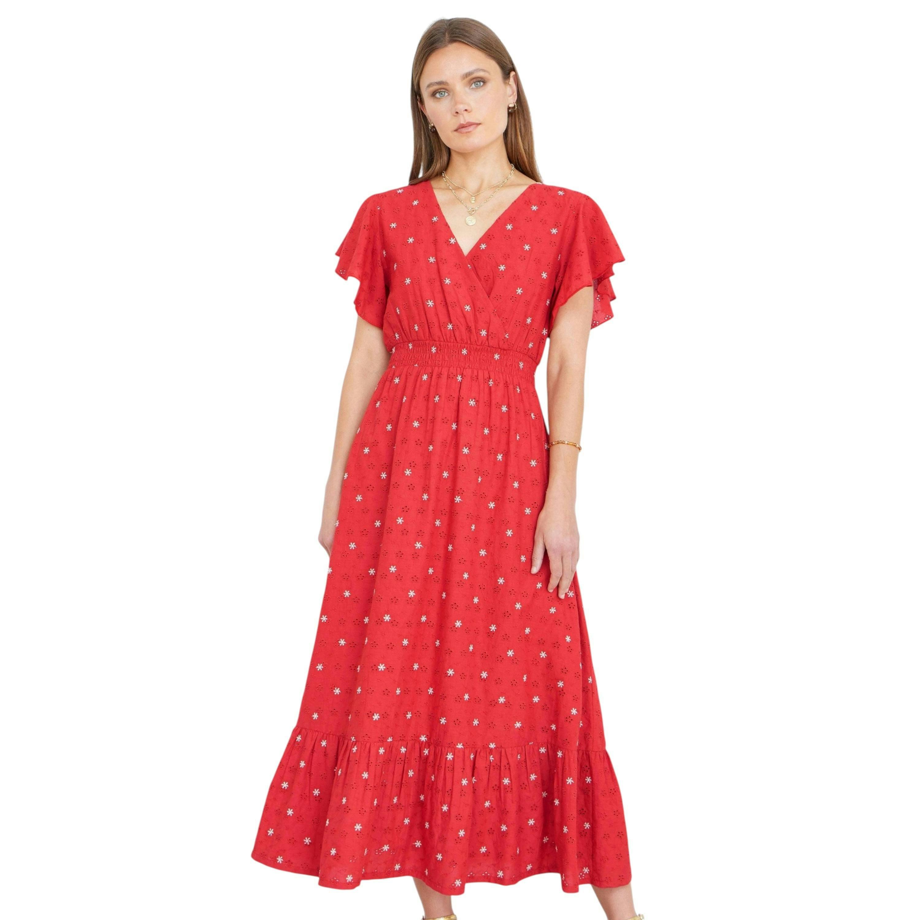 Yumi Red Broderie Anglaise Wrap Midi Dress With Flower Embroidery , view 3 of 6