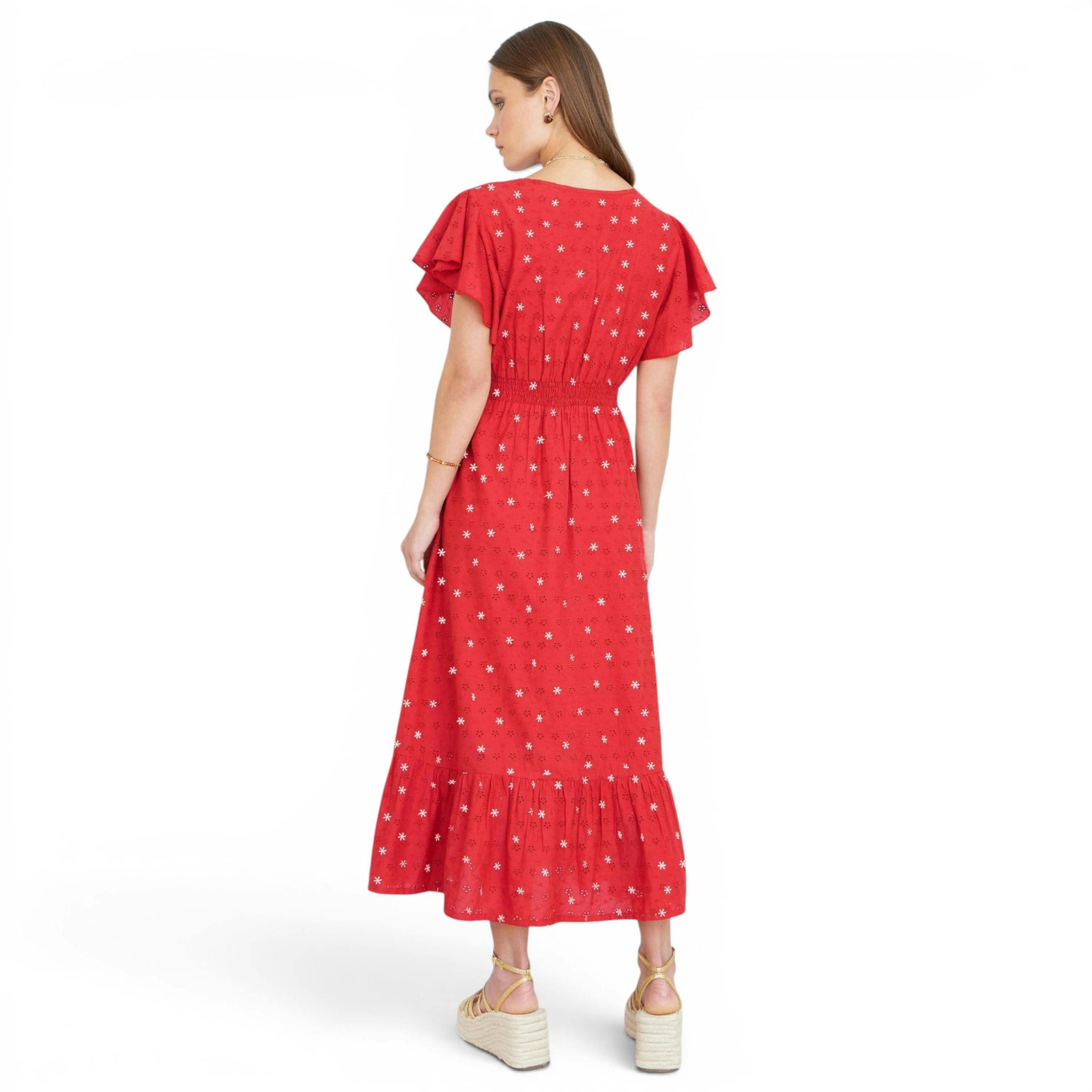 Yumi Red Broderie Anglaise Wrap Midi Dress With Flower Embroidery , view 4 of 6