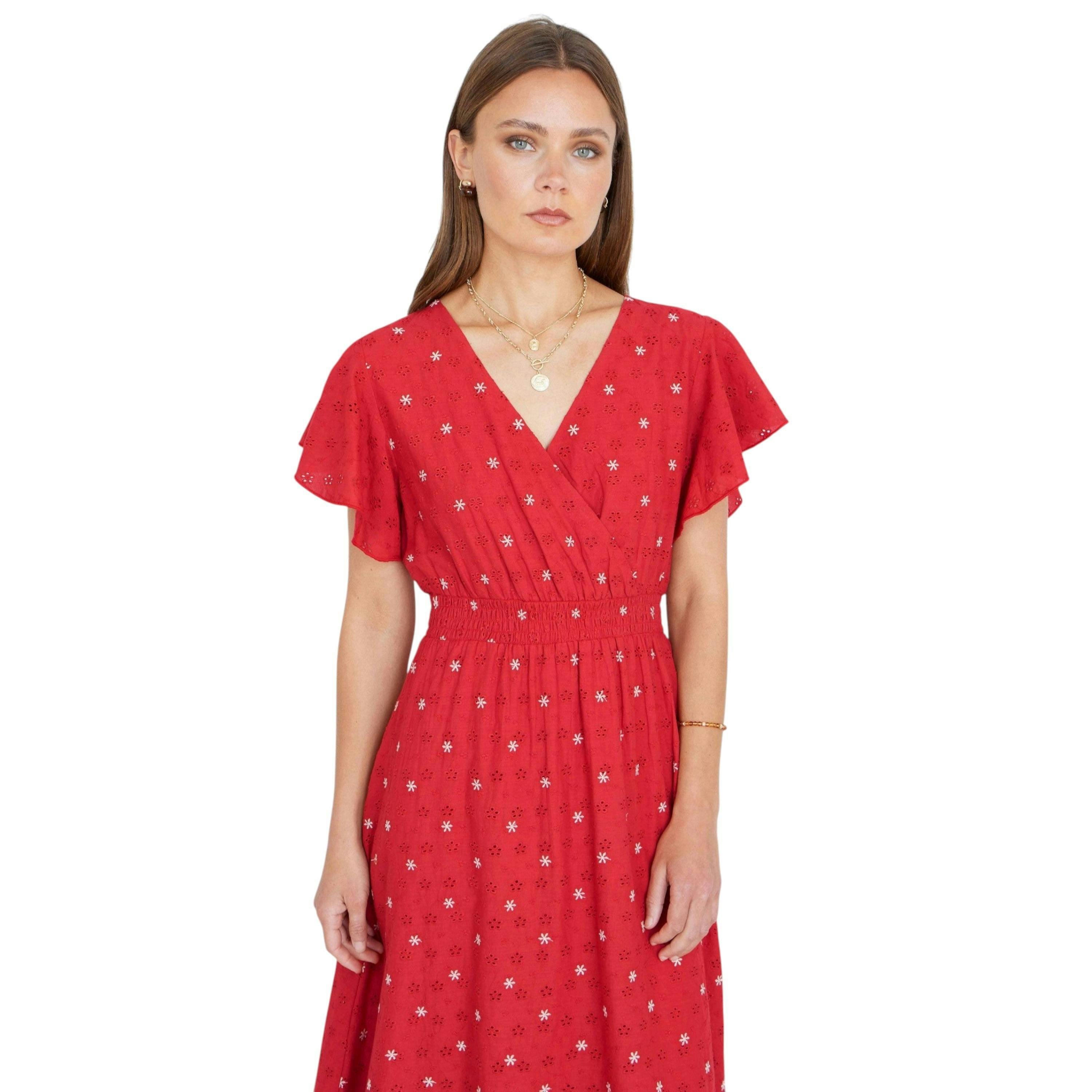 Yumi Red Broderie Anglaise Wrap Midi Dress With Flower Embroidery , view 5 of 6