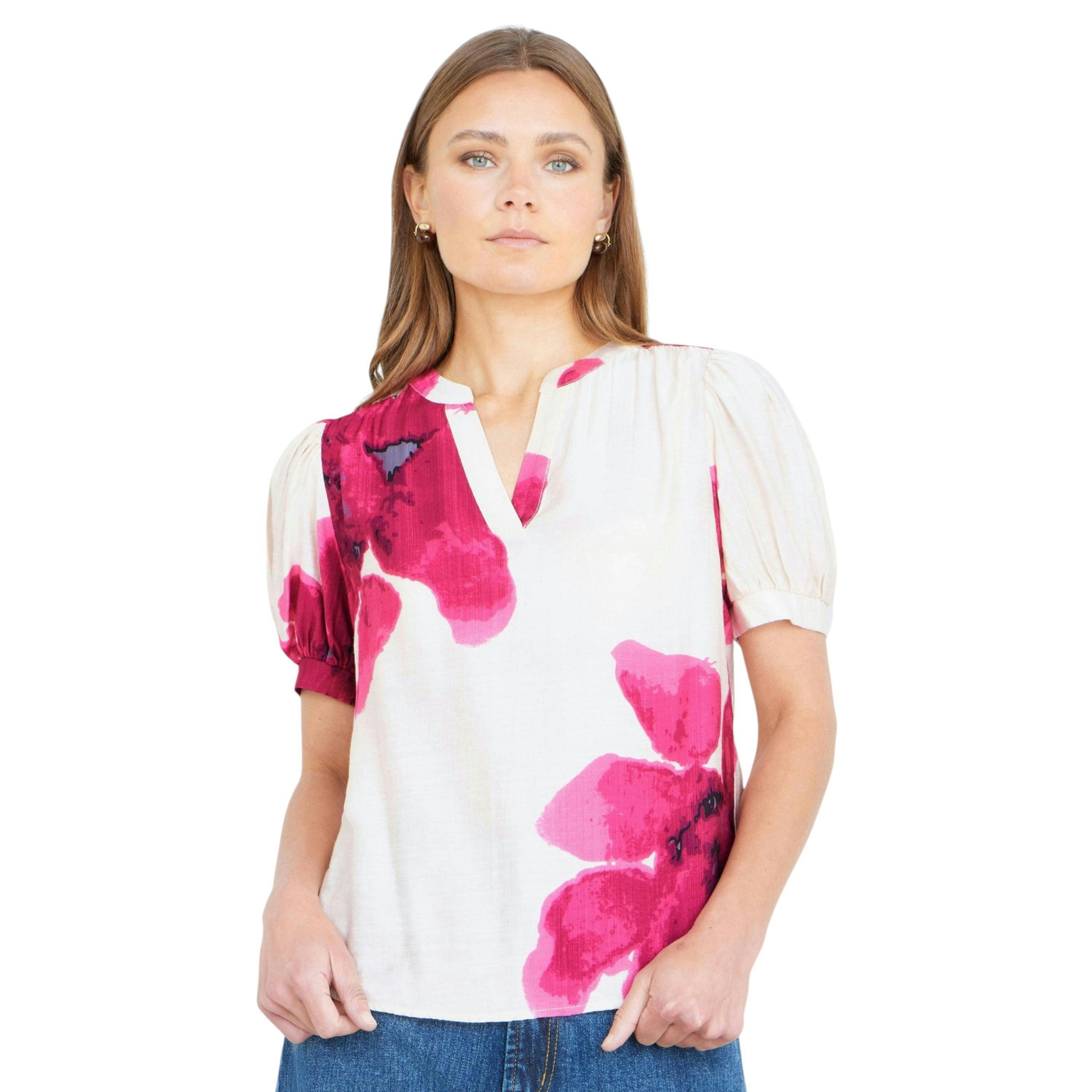 Yumi Pink Watercolour Viscose Floral Top , view 1 of 6