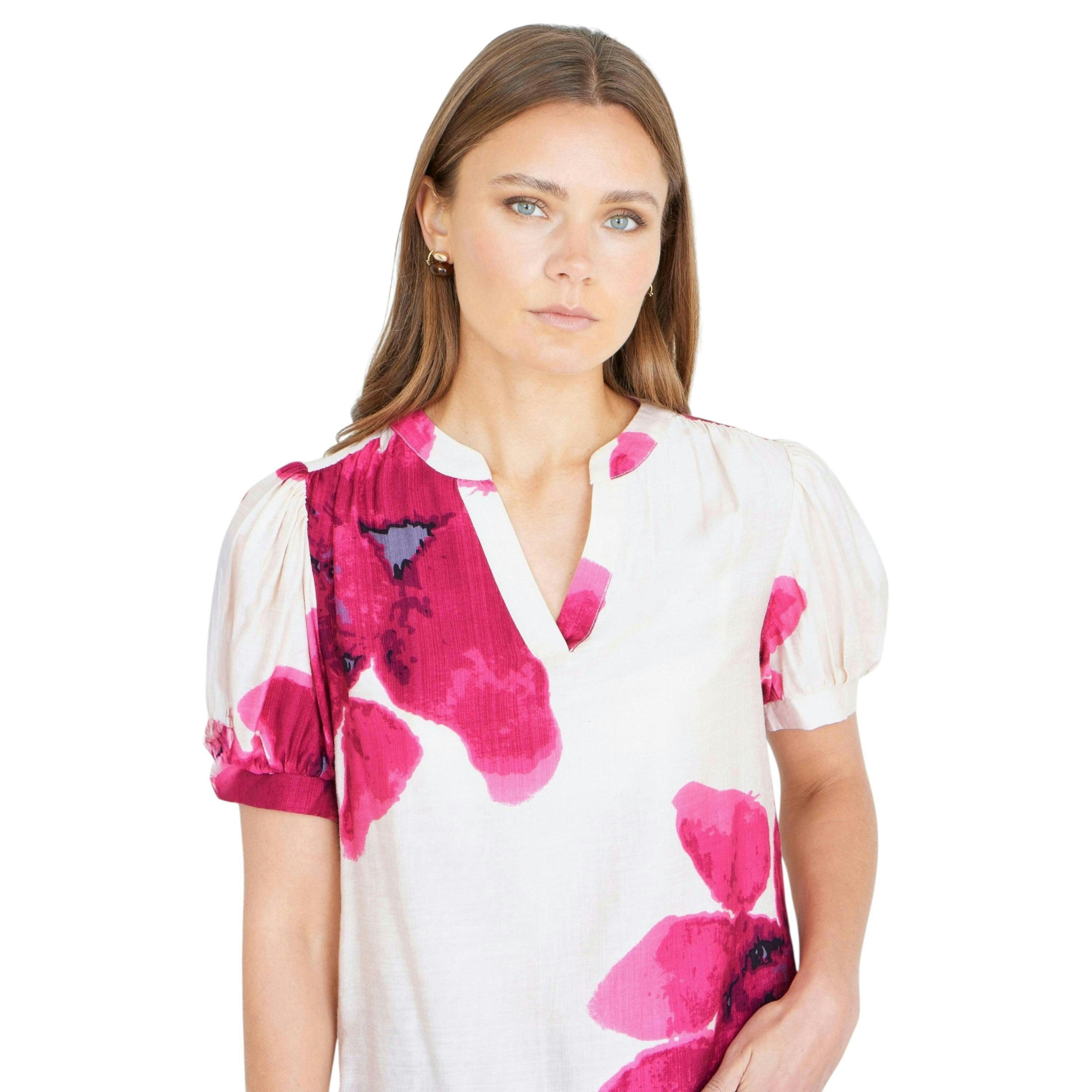 Yumi Pink Watercolour Viscose Floral Top , view 2 of 6