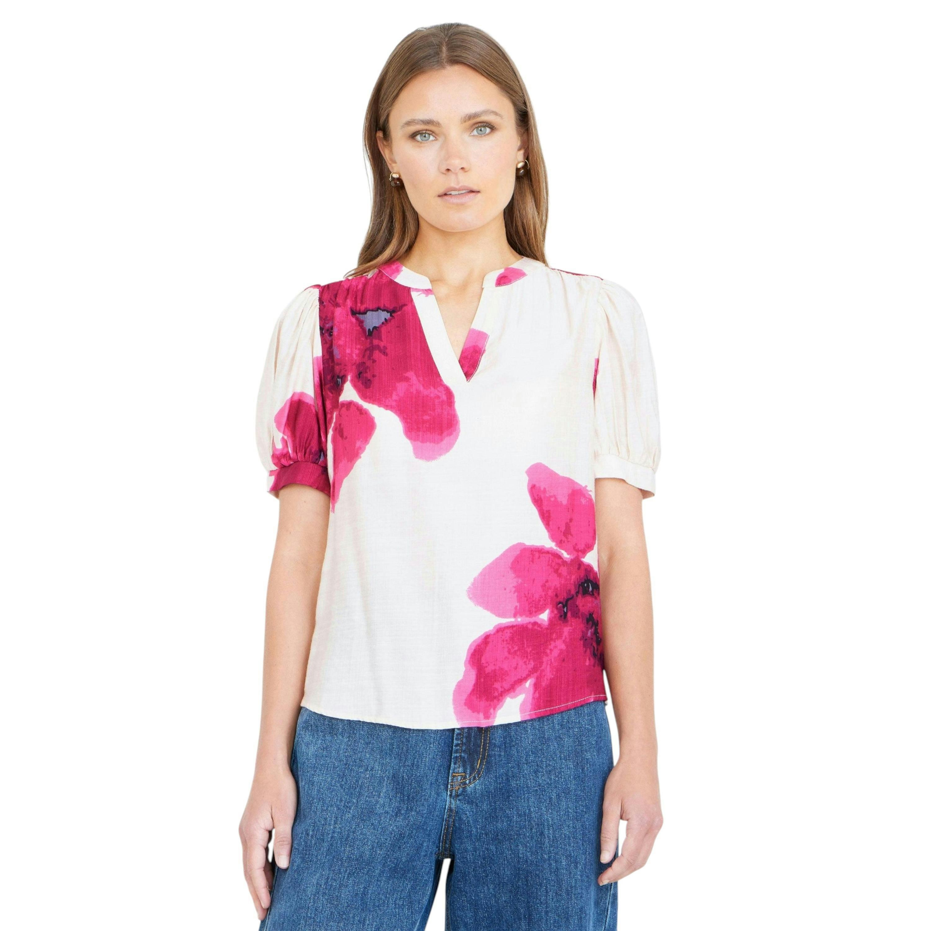 Yumi Pink Watercolour Viscose Floral Top , view 3 of 6