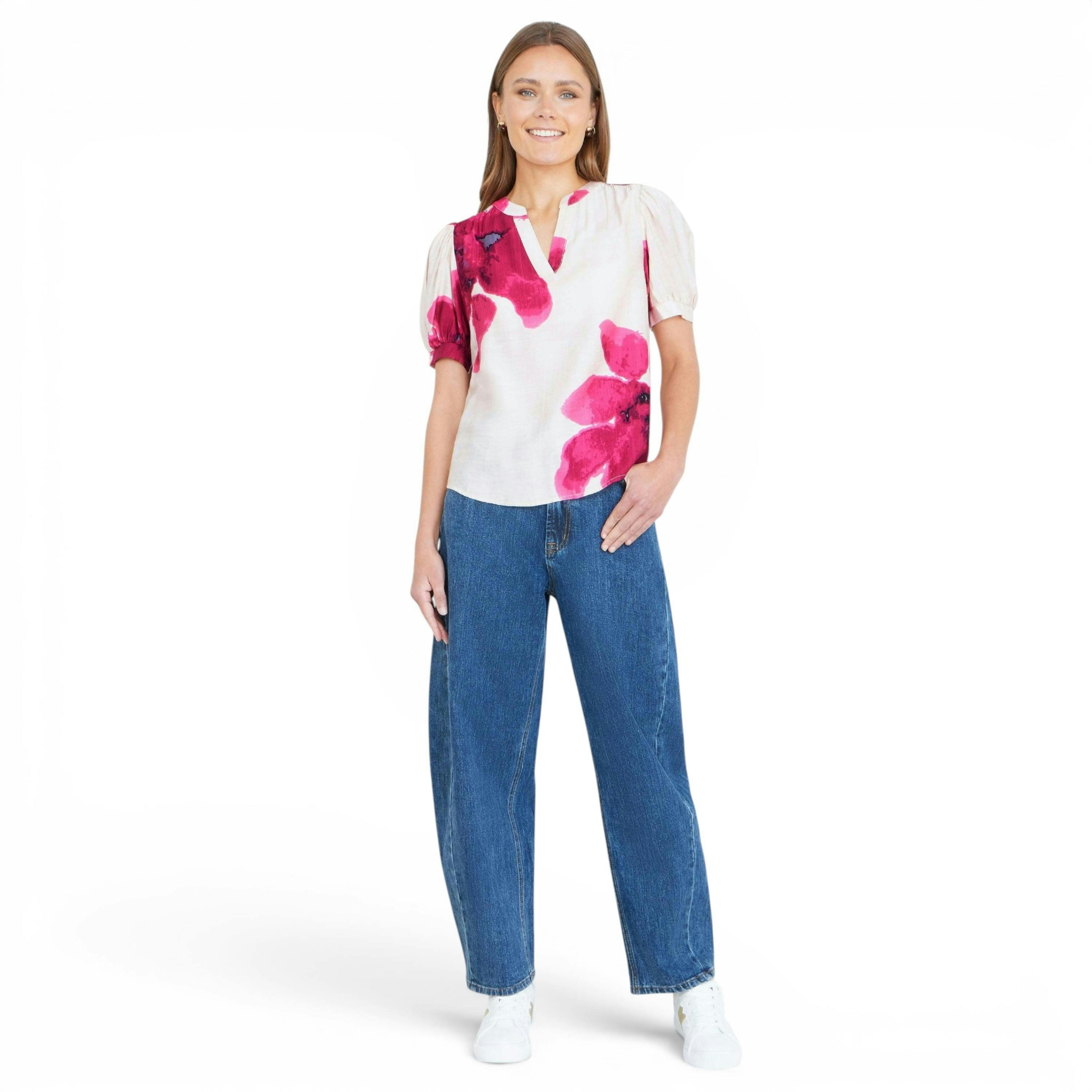 Yumi Pink Watercolour Viscose Floral Top , view 4 of 6