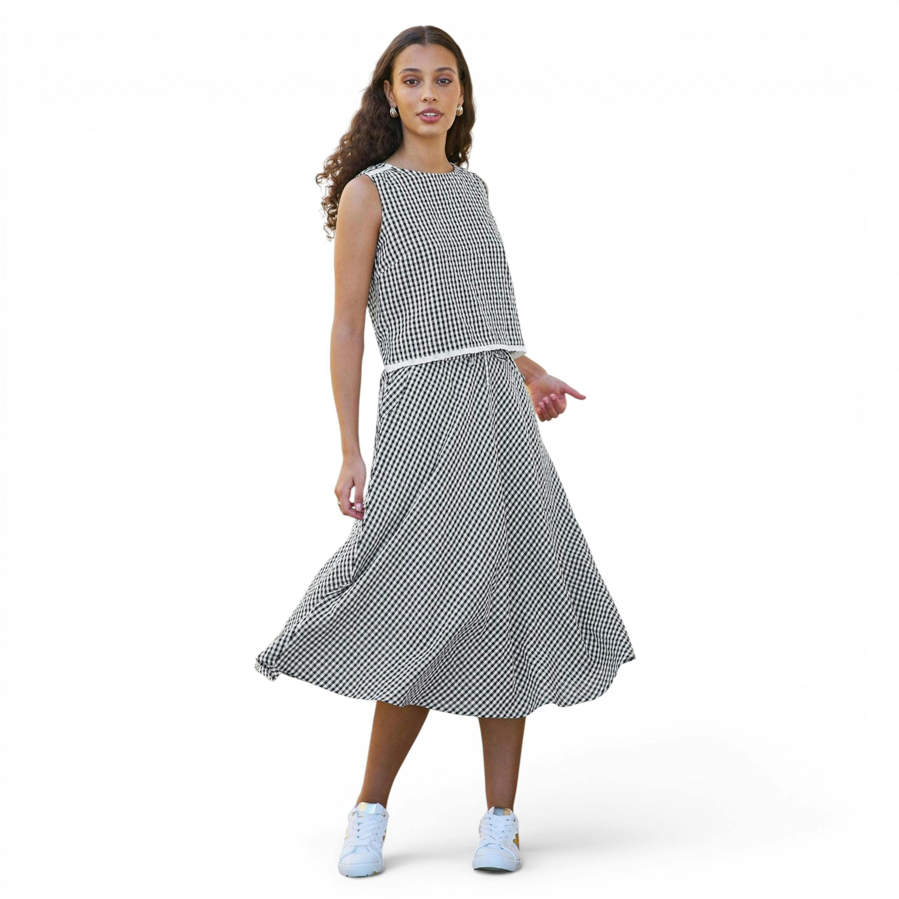 Yumi Black Gingham Cotton Midi Skirt , view 1 of 5