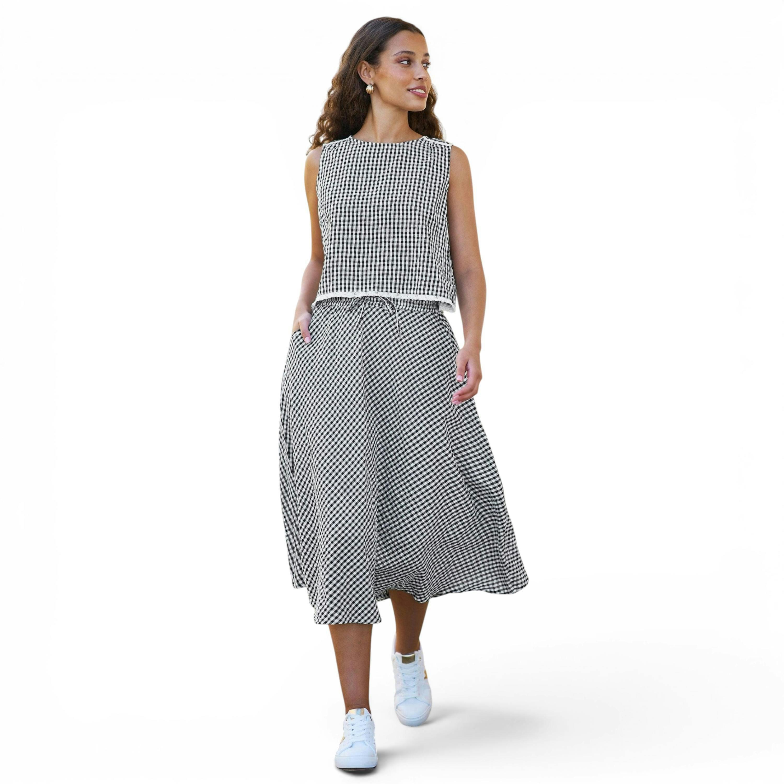 Yumi Black Gingham Cotton Midi Skirt , view 2 of 5