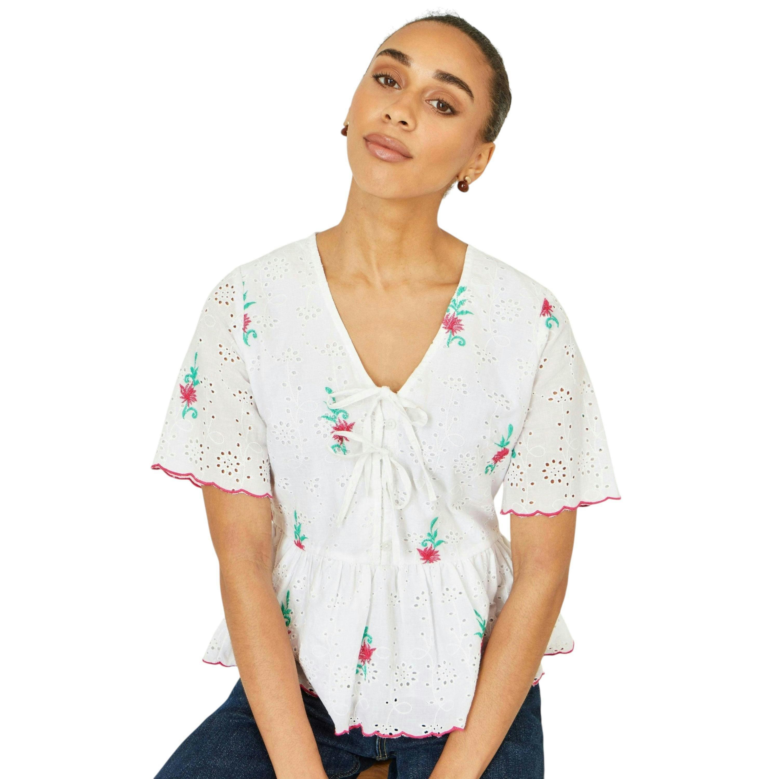 Yumi White Cotton Broderie Anglaise Embroidered Tie Top , view 1 of 6